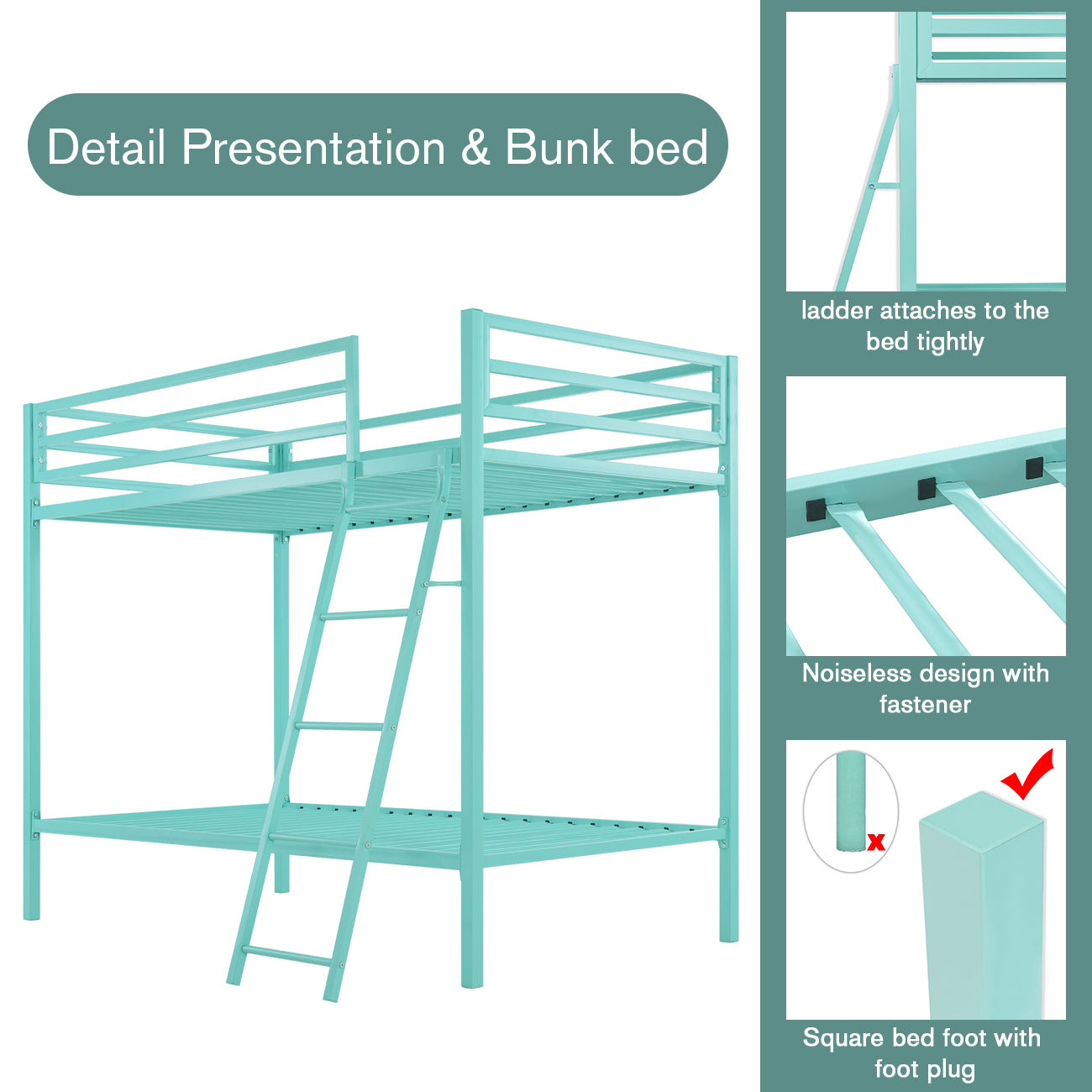 Bunk Bed Twin Over Twin Size with Ladder for Junior, Metal Twin Bunk Beds with Safety Full-Length Guardrail, Space-Saving / No Box Spring Needed / Noise Free