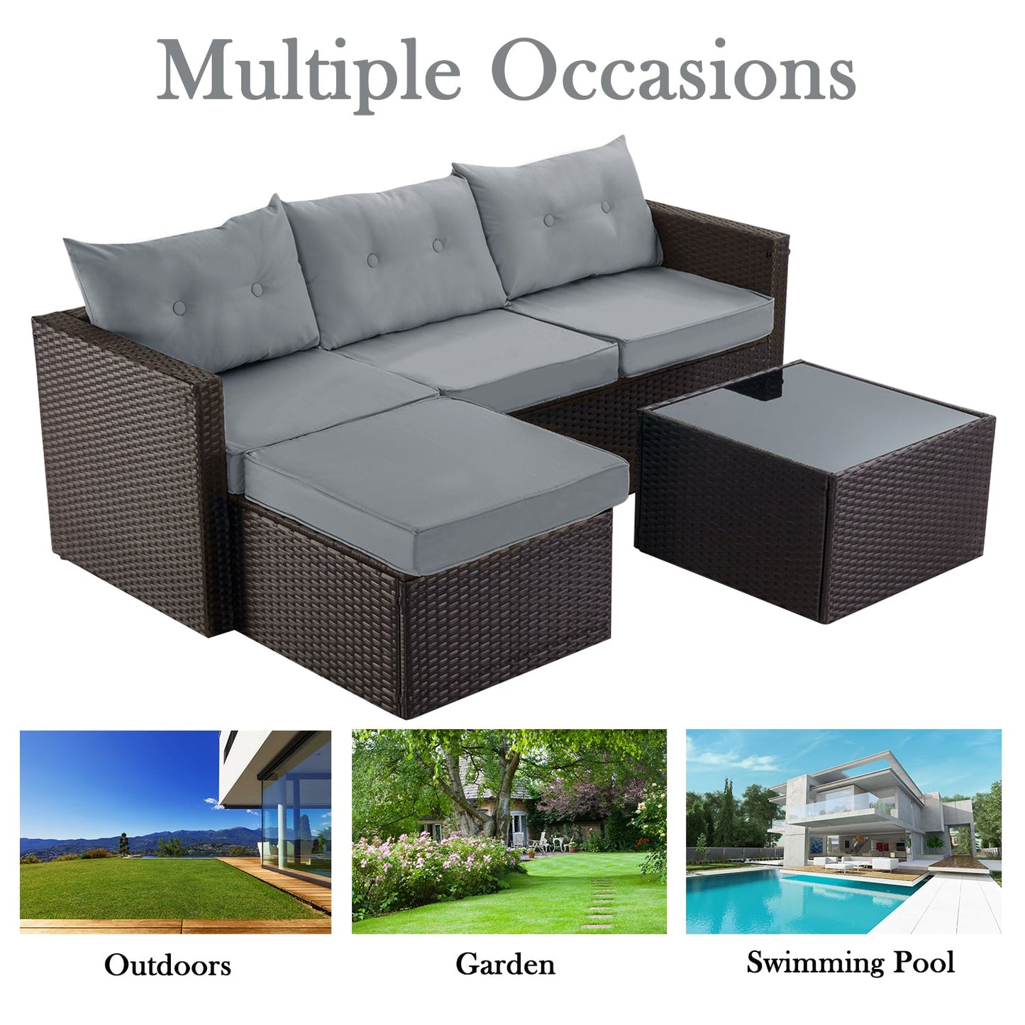 Patio Conversation Set, 3 Pieces PE Wicker Rattan Outdoor Furniture