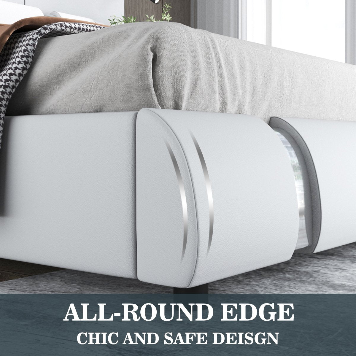 Upholstered Modern Bed with Iron Pieces Decor and Adjustable Headboard