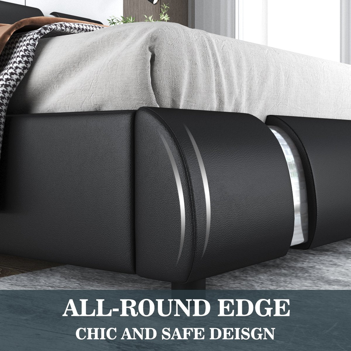 Upholstered Modern Bed with Iron Pieces Decor and Adjustable Headboard