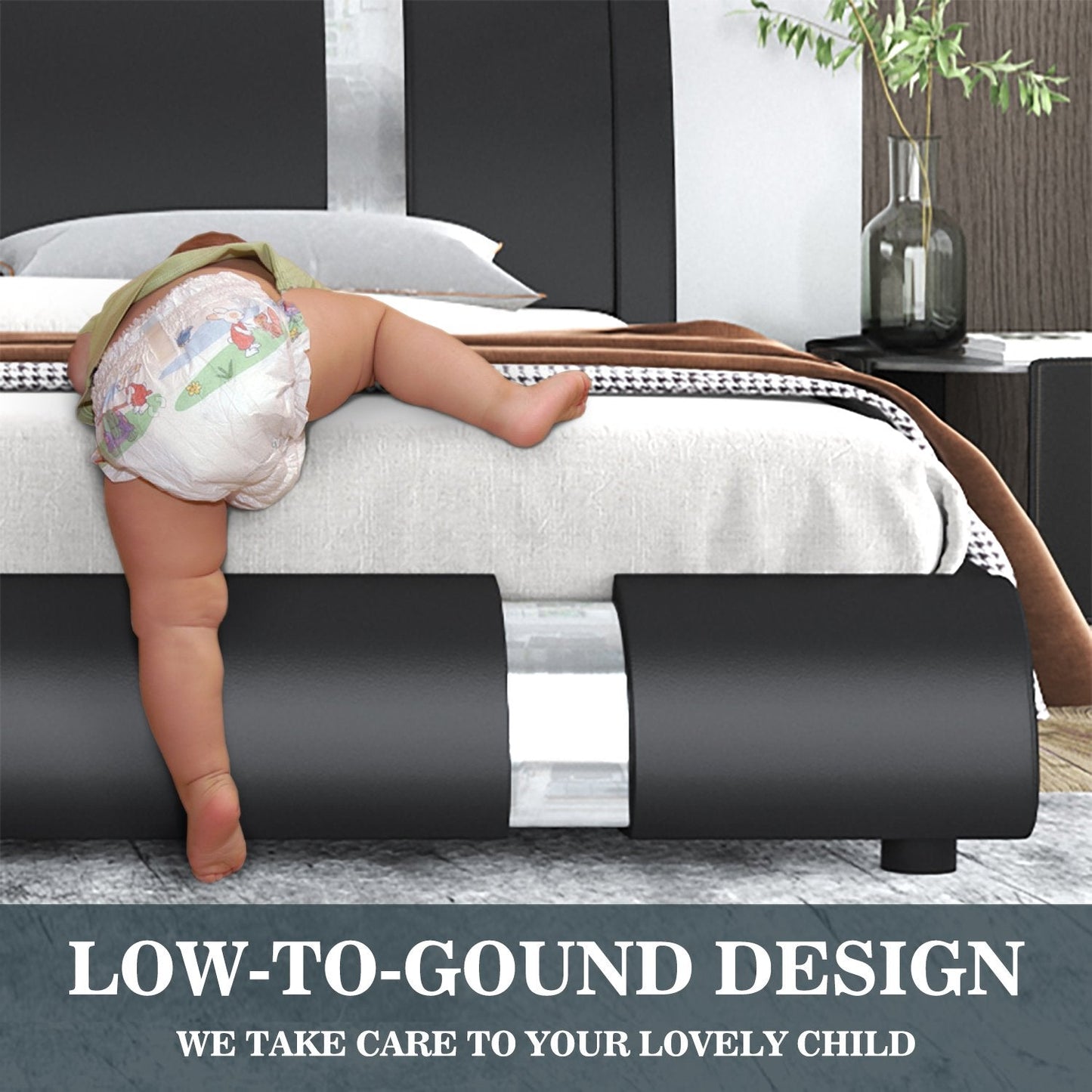 Upholstered Modern Bed with Iron Pieces Decor and Adjustable Headboard