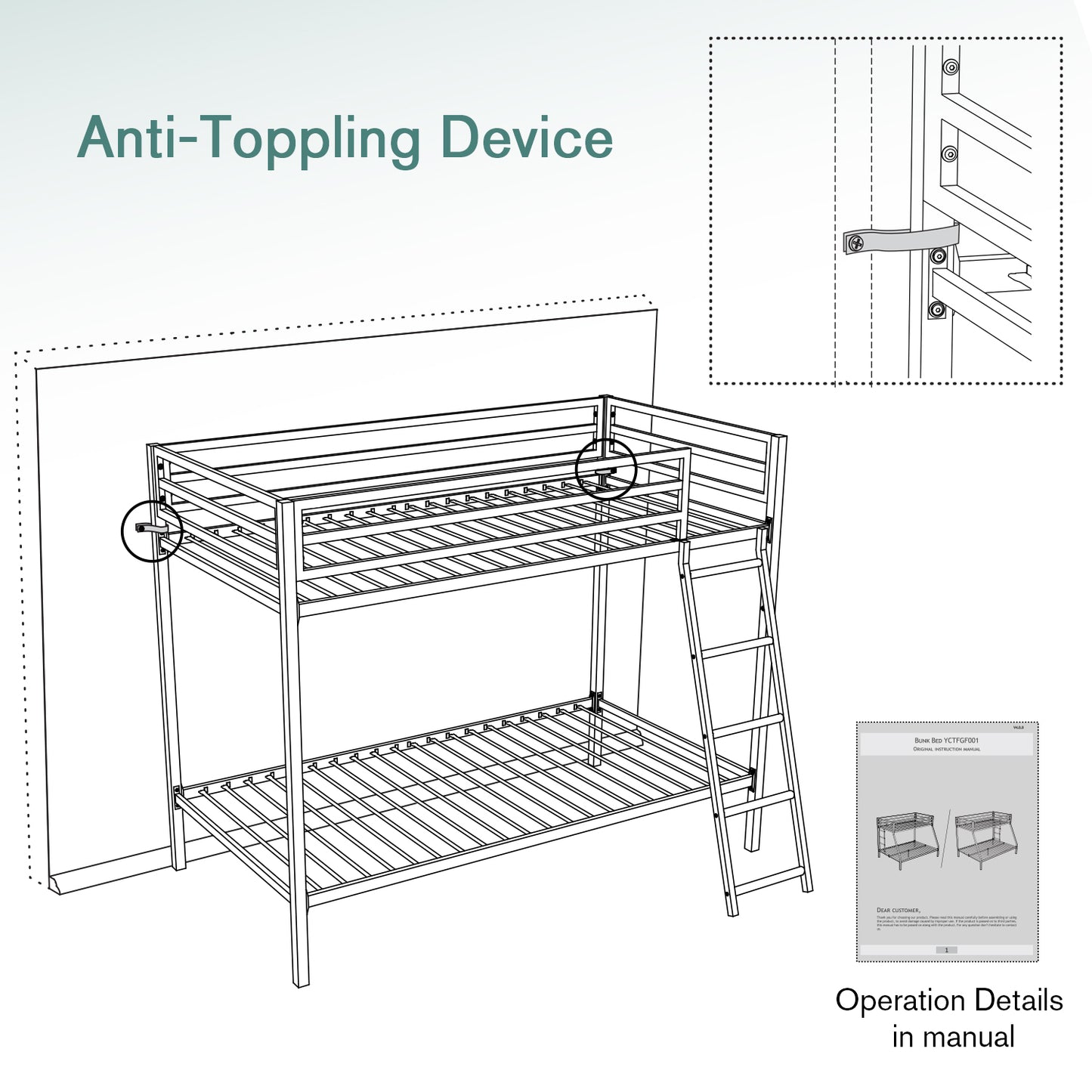 Bunk Bed Twin Over Twin Size with Ladder for Junior, Metal Twin Bunk Beds with Safety Full-Length Guardrail, Space-Saving / No Box Spring Needed / Noise Free