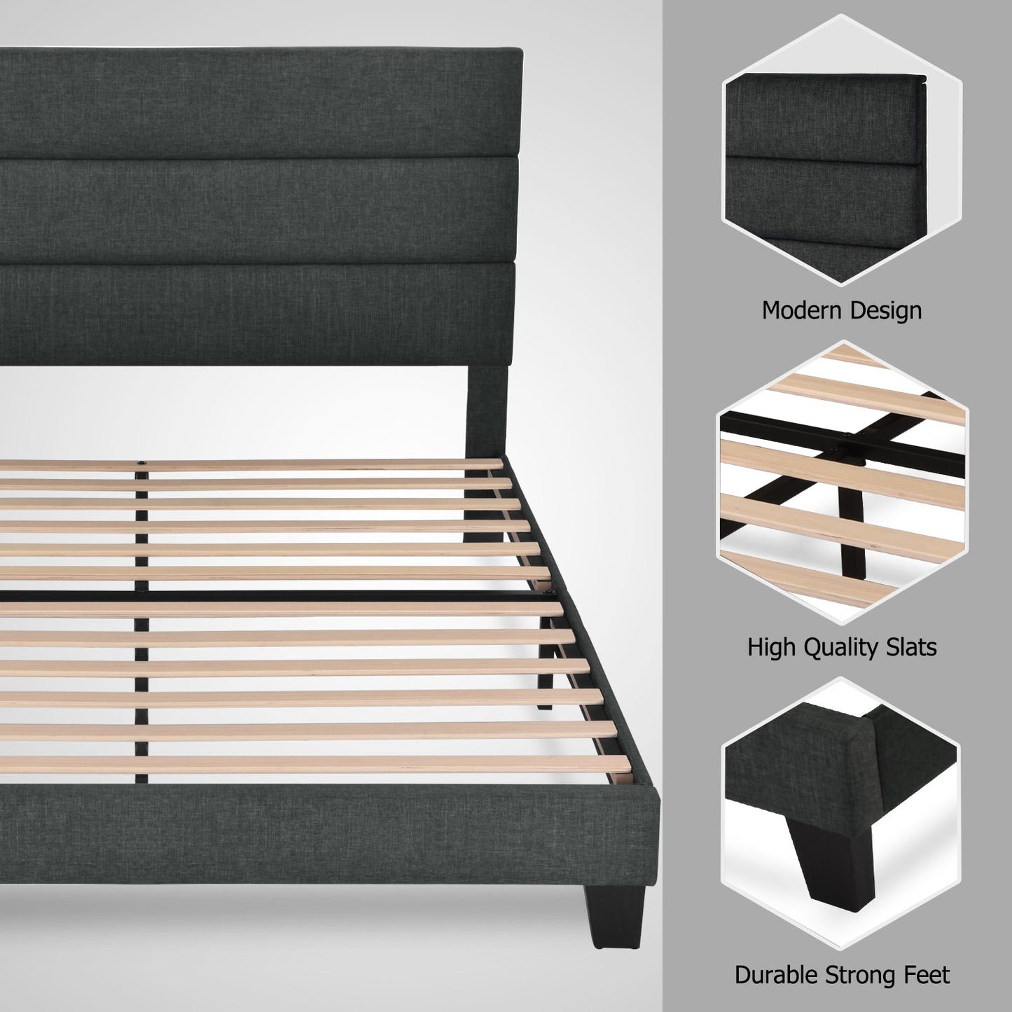Modern Upholstered Platform Bed Frame with Headboard and Wooden Slats