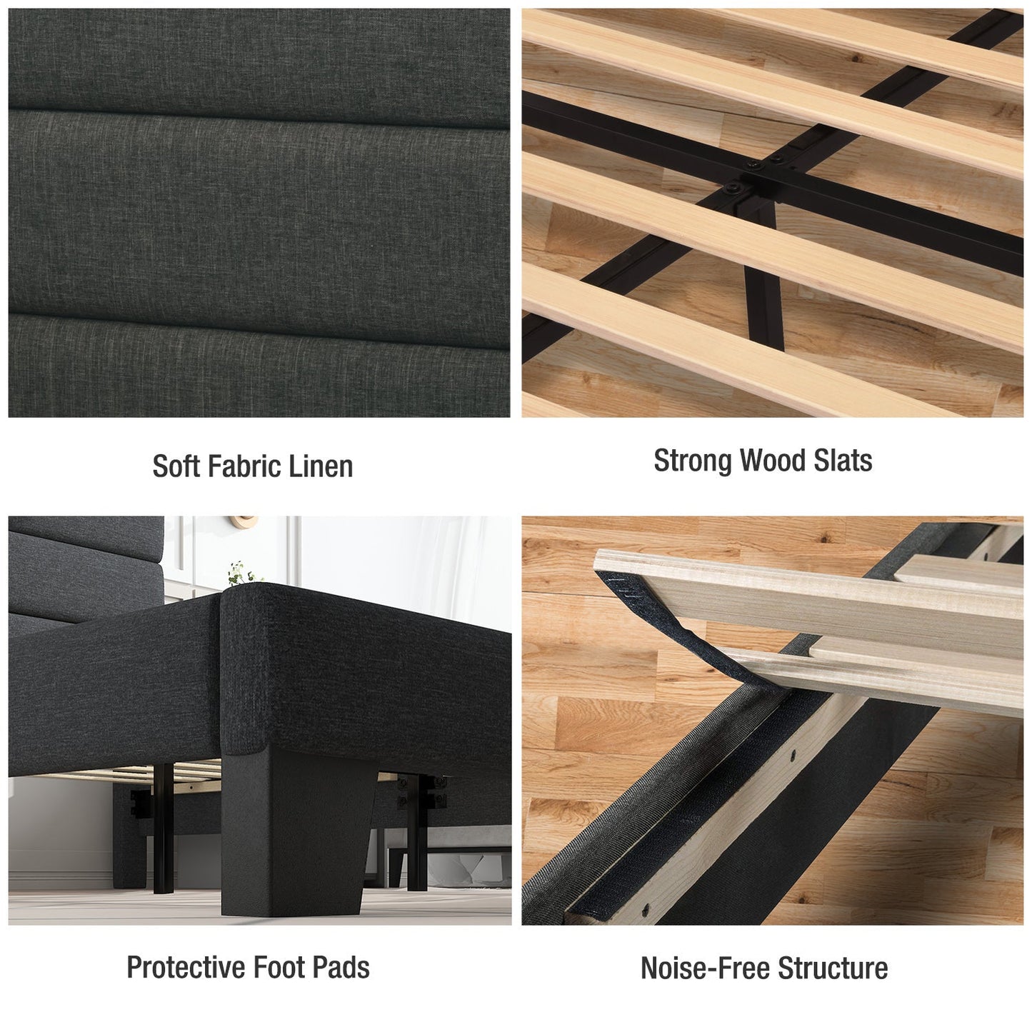 Modern Upholstered Platform Bed Frame with Headboard and Wooden Slats