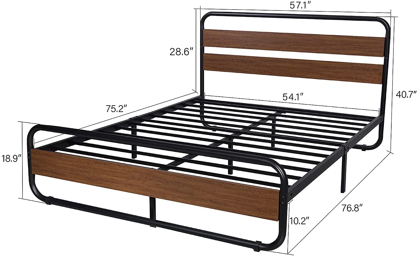 Metal Bed Frame with Wooden Headboard & Footboard, Noise Free, No Box Spring Needed
