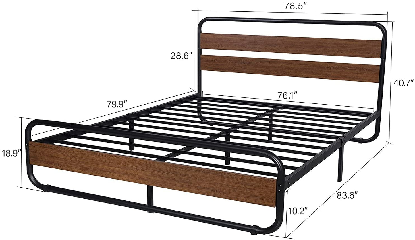 Metal Bed Frame with Wooden Headboard & Footboard, Noise Free, No Box Spring Needed