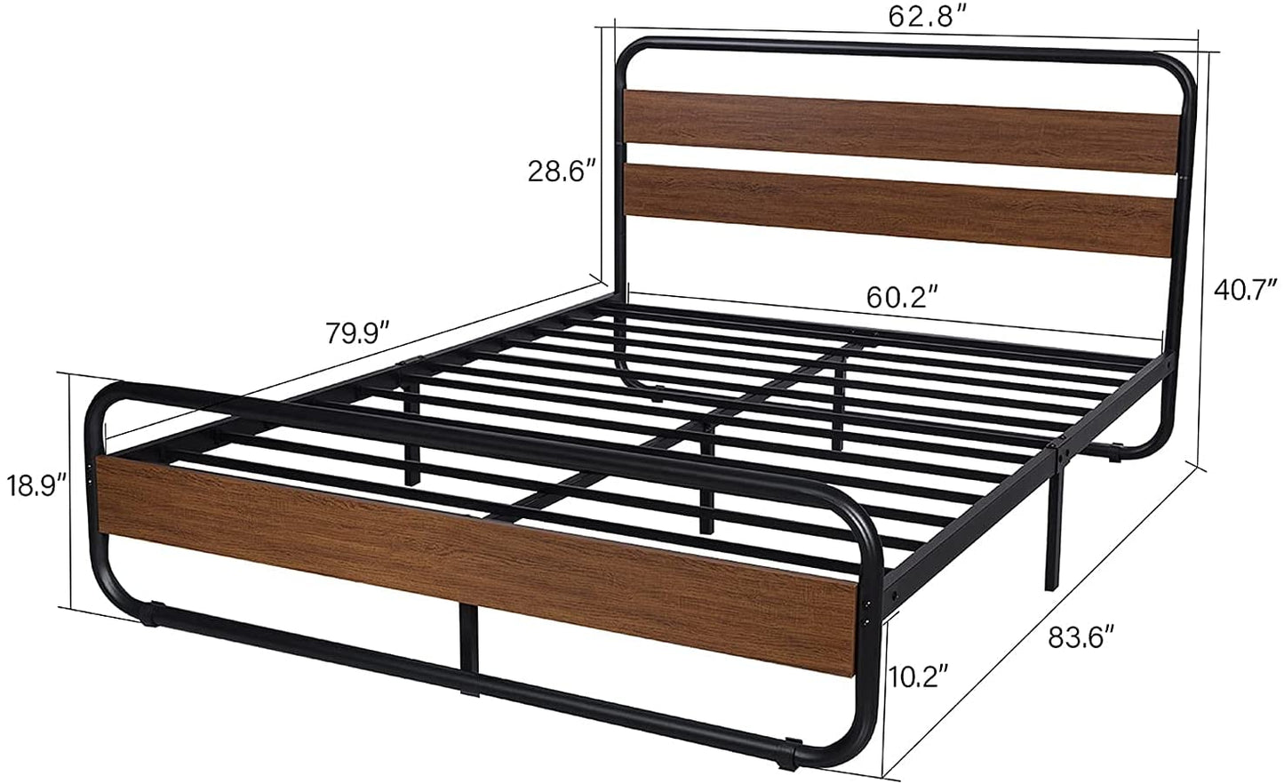 Metal Bed Frame with Wooden Headboard & Footboard, Noise Free, No Box Spring Needed