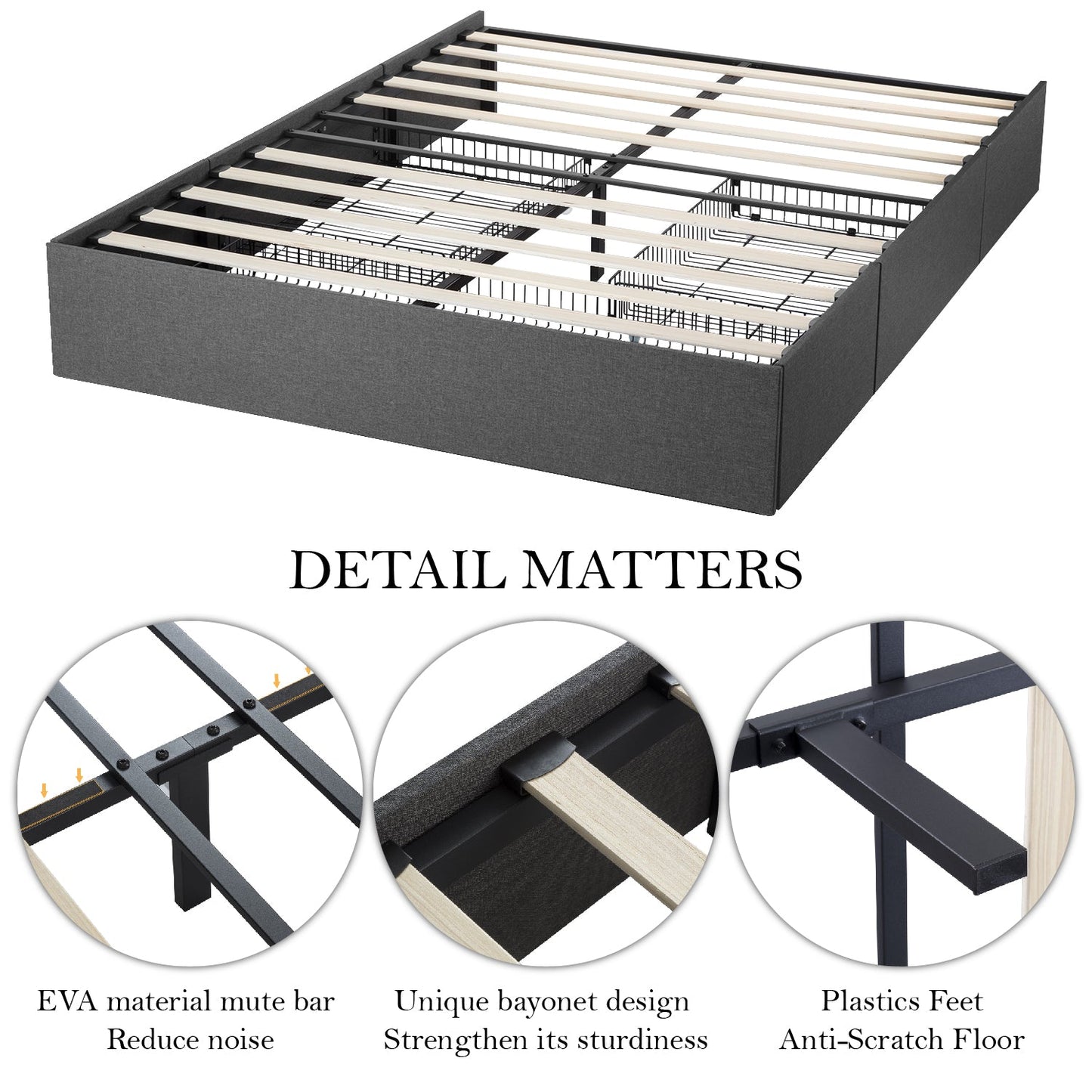 Platform Bed Frame with 3 Storage Drawers, Upholstered Wing Side Panel Design