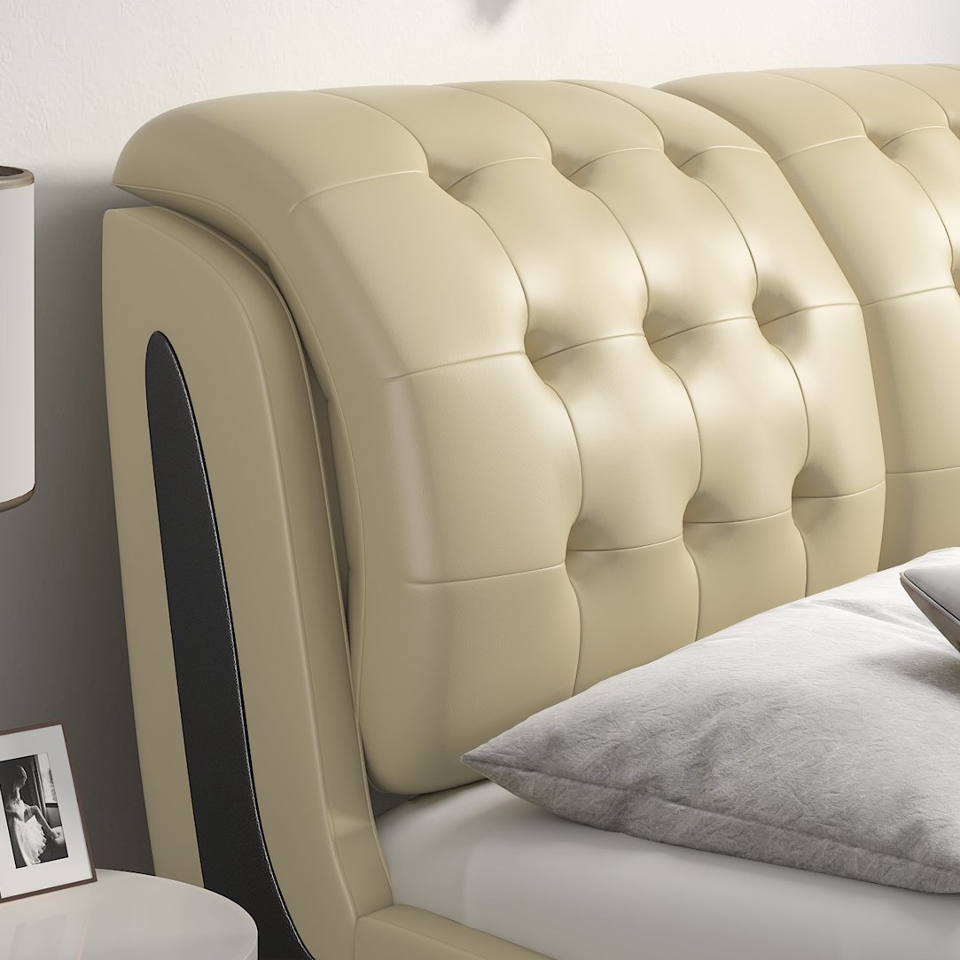 Deluxe Upholstered Platform Bed Frame, Button Tufted Sleigh Headboard with Double Backrest