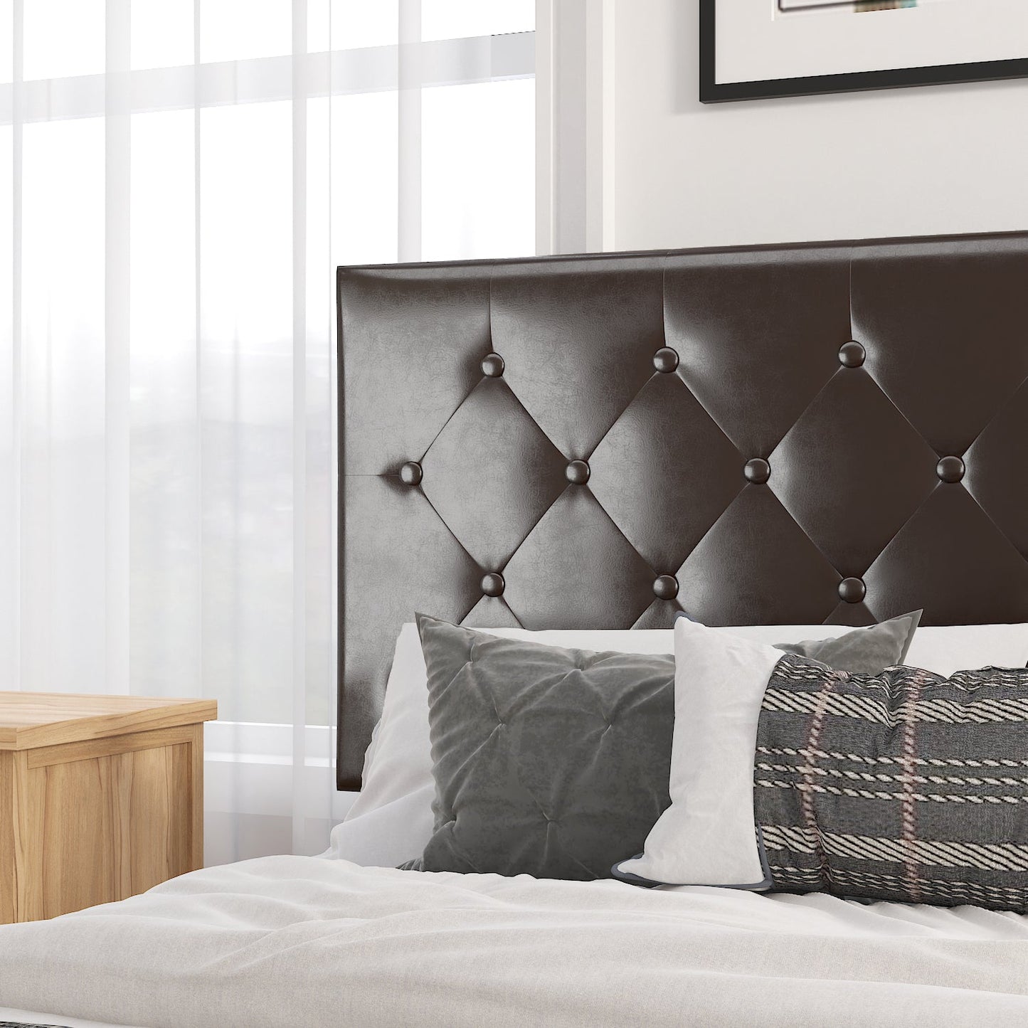 Faux Leather Upholstered Bed Frame with Adjustable Diamond Stitched Button Tufted Headboard
