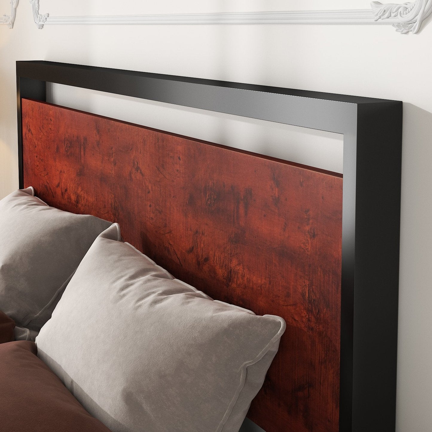 Metal Platform Bed Frame with Rustic Headboard