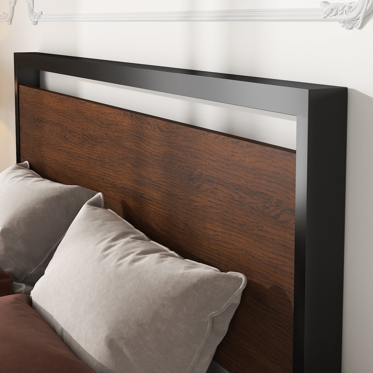 Metal Platform Bed Frame with Rustic Headboard