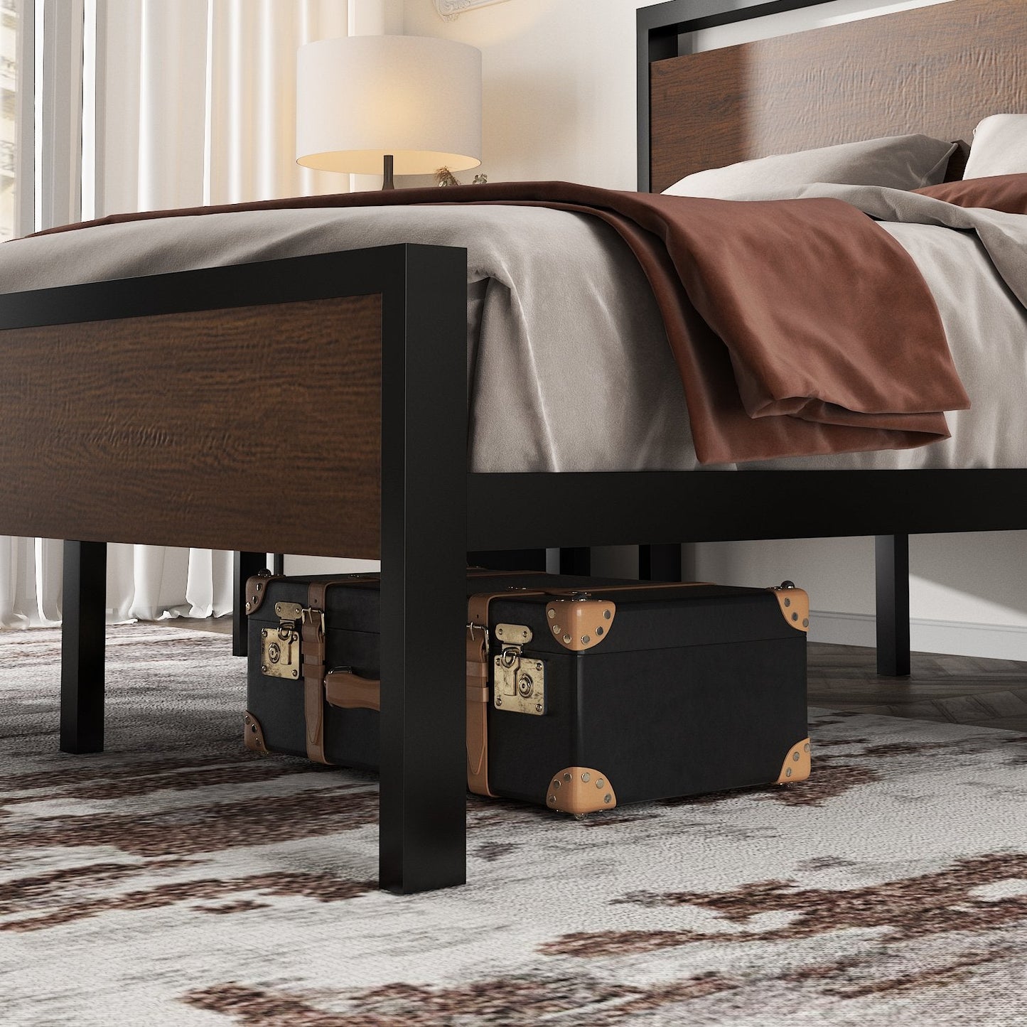 Metal Platform Bed Frame with Rustic Headboard