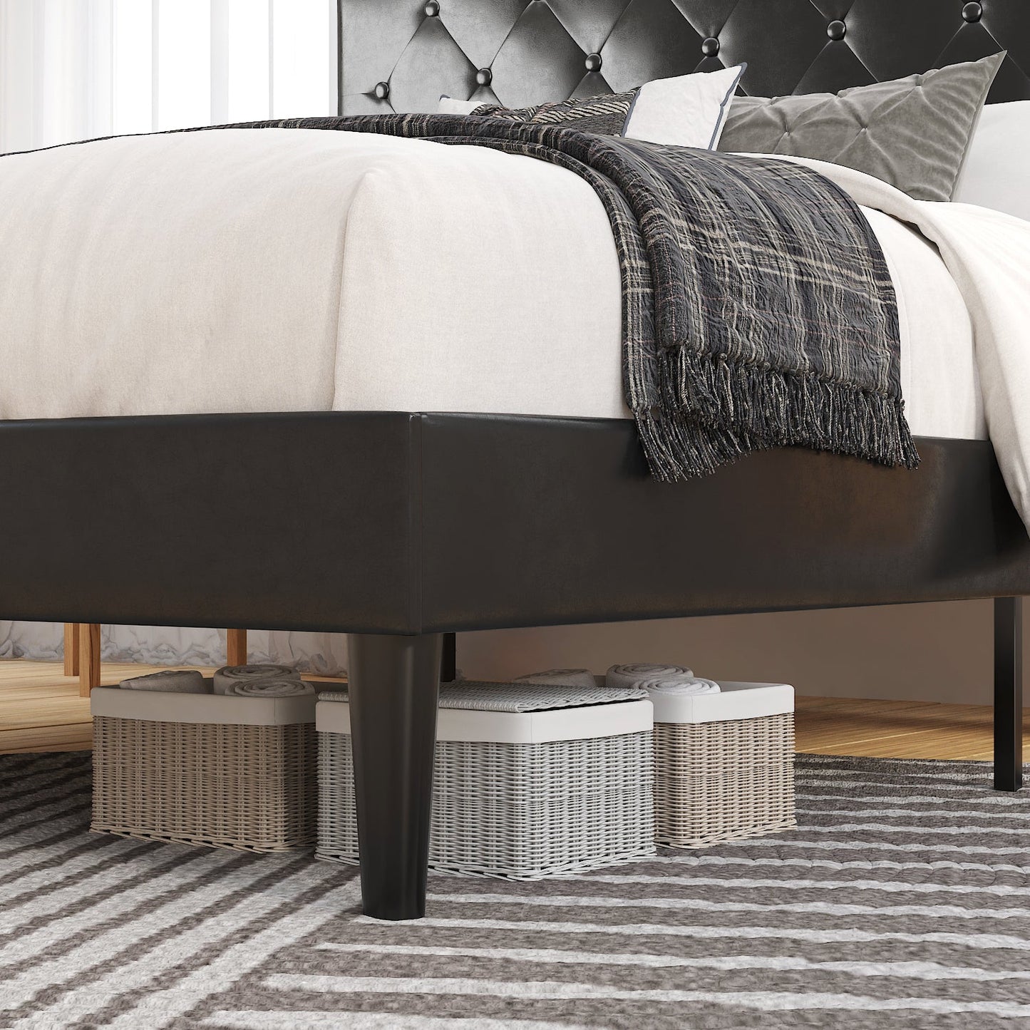 Faux Leather Upholstered Bed Frame with Adjustable Diamond Stitched Button Tufted Headboard