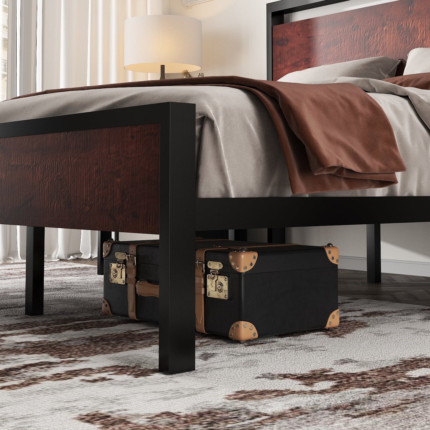 Metal Platform Bed Frame with Rustic Headboard