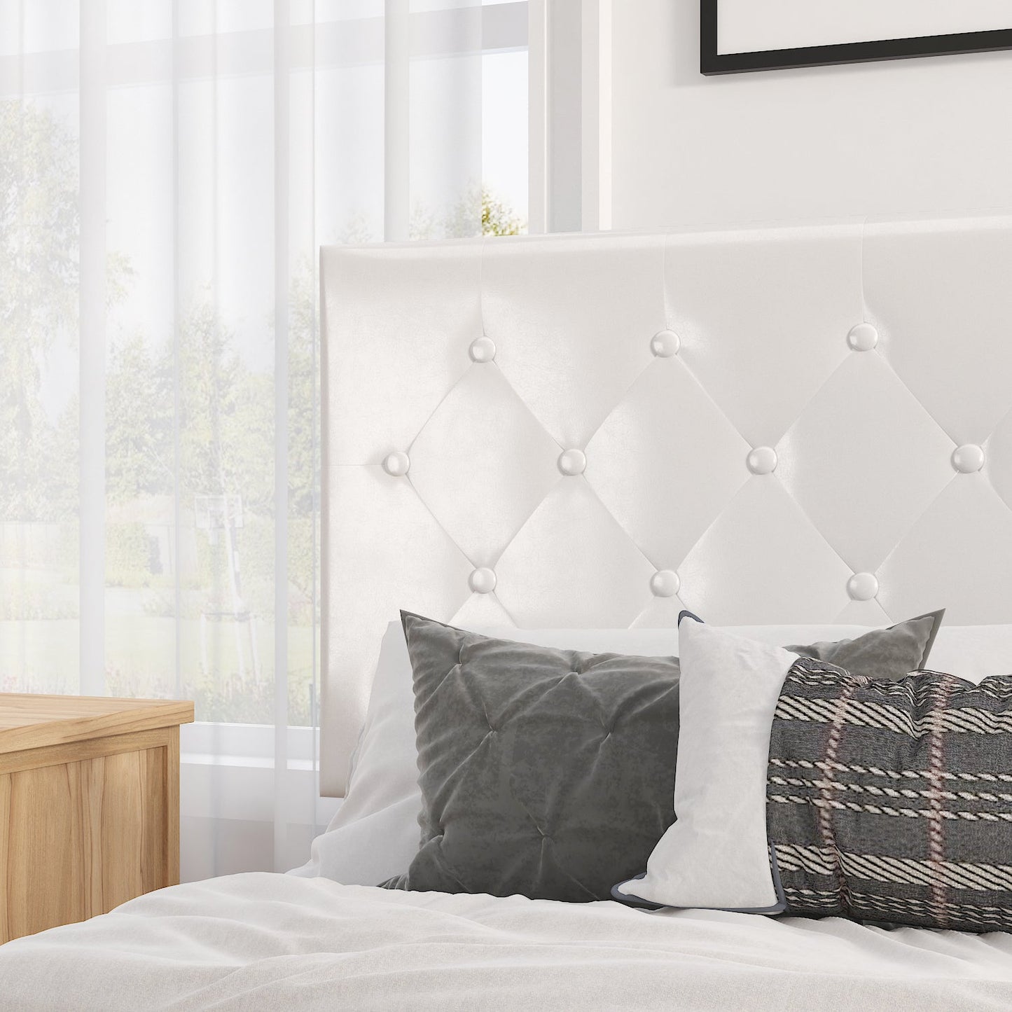 Faux Leather Upholstered Bed Frame with Adjustable Diamond Stitched Button Tufted Headboard