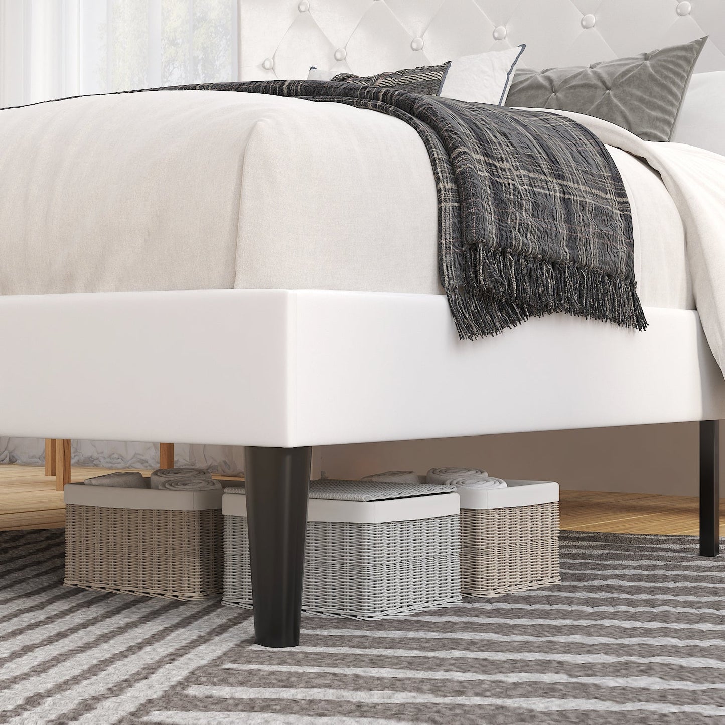 Faux Leather Upholstered Bed Frame with Adjustable Diamond Stitched Button Tufted Headboard