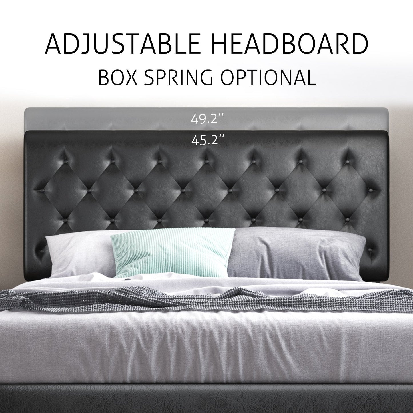 Faux Leather Upholstered Bed Frame with Adjustable Diamond Stitched Button Tufted Headboard