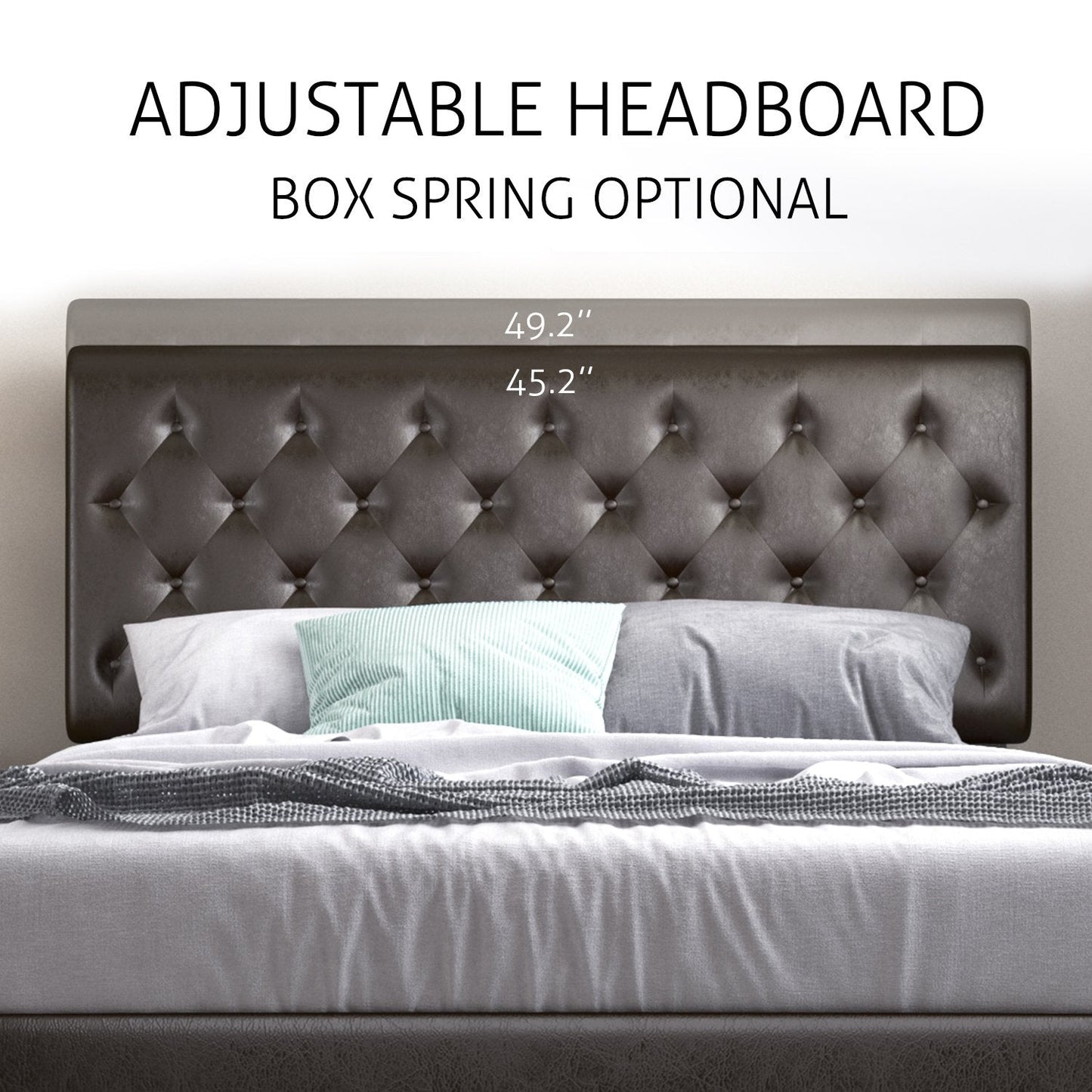 Faux Leather Upholstered Bed Frame with Adjustable Diamond Stitched Button Tufted Headboard