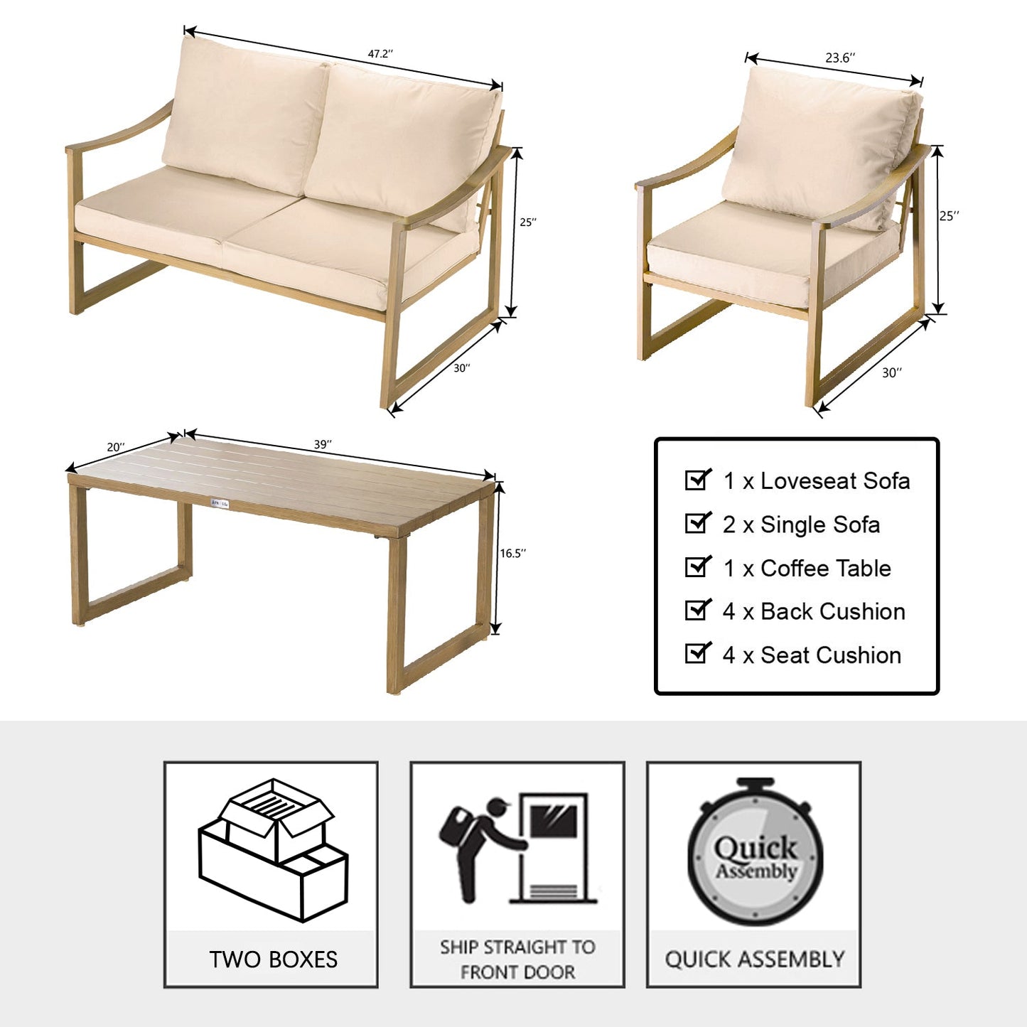 4 Pieces Patio Furniture Set Outdoor Conversation Sets, Modern Loveseat, Table and Chairs