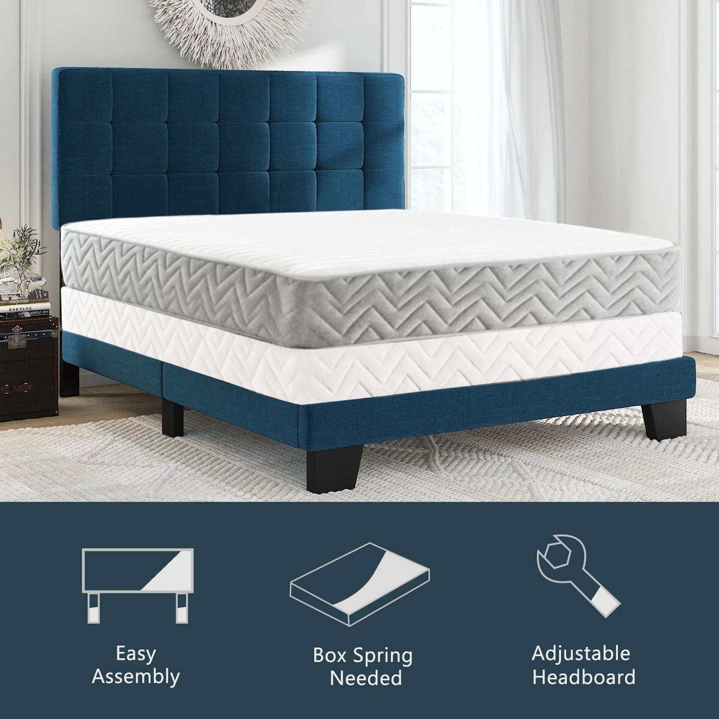 Fabric Upholstered Platform Bed Frame, Panel Bed Frame with Adjustable High Headboard