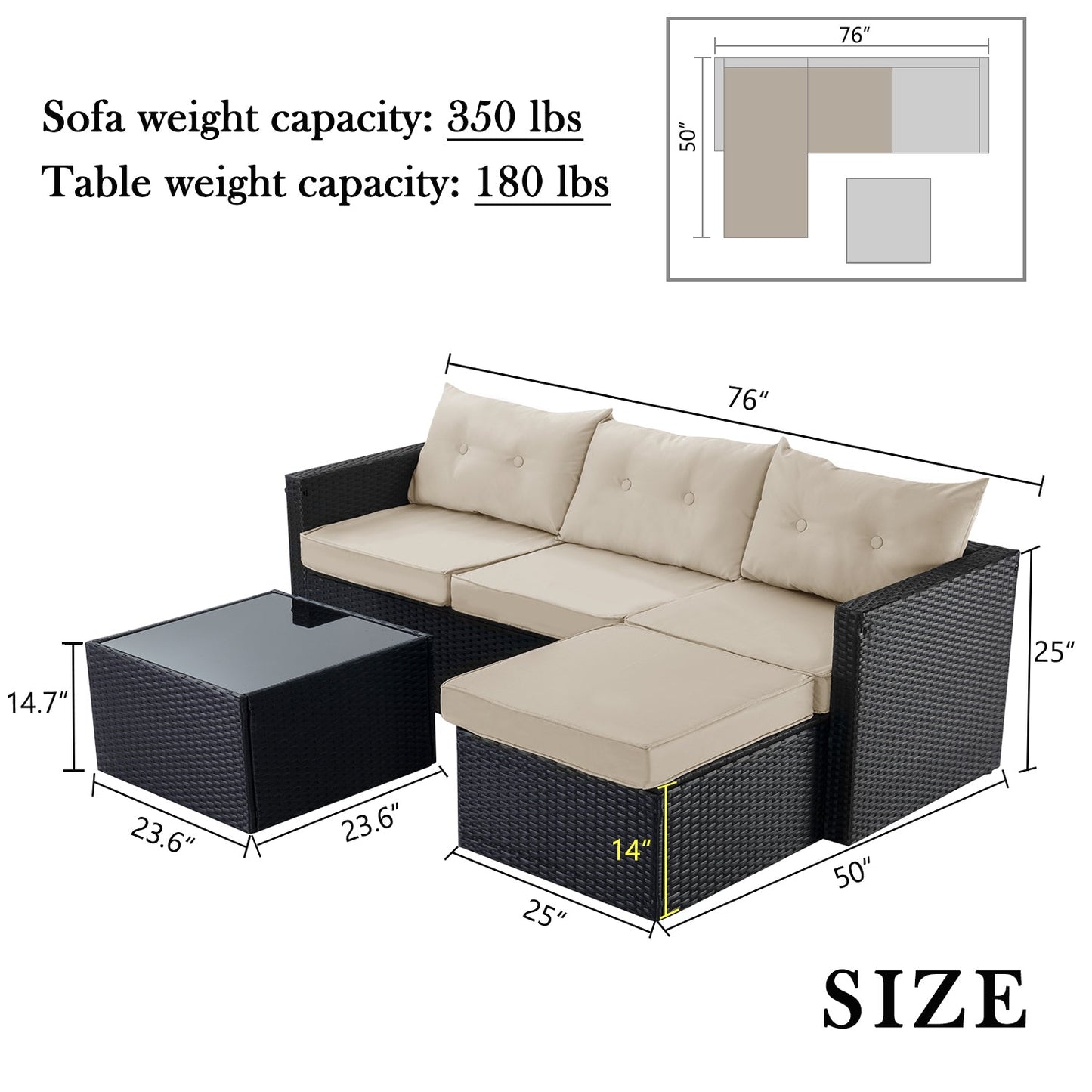 Patio Conversation Set, 3 Pieces PE Wicker Rattan Outdoor Furniture