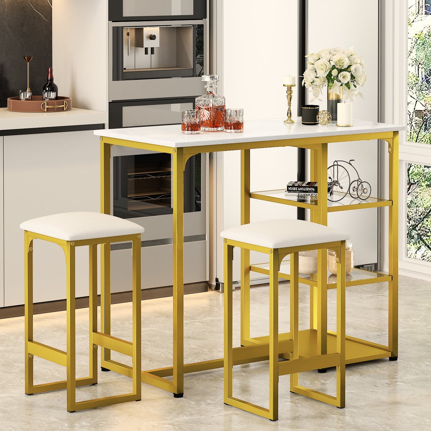 3-Piece Counter Height Dining Table Set Kitchen Dining Pub Bar Table