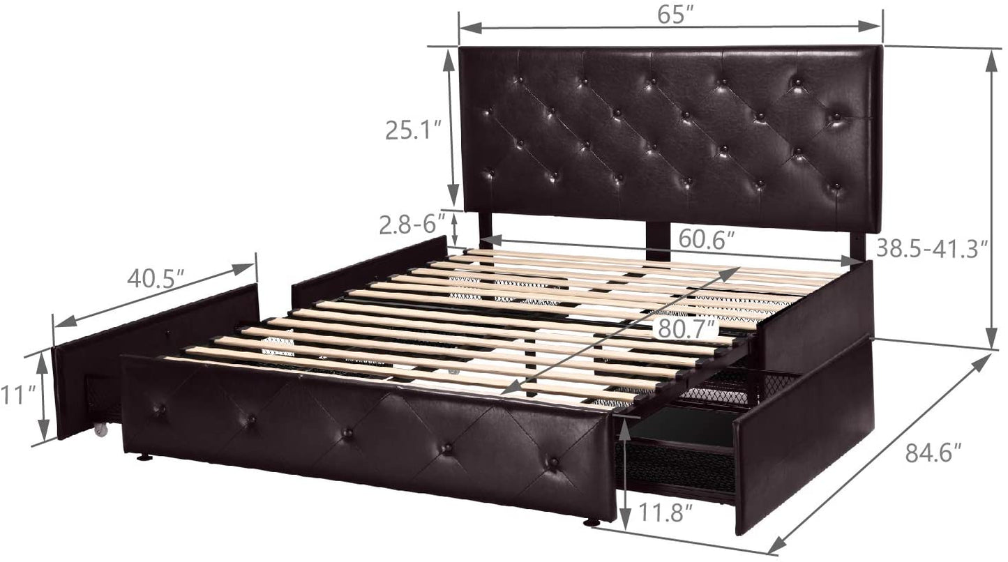 Amolife Faux Leather Platform Bed Frame with 4 Storage Drawers, Button Tufted Style Hedboard