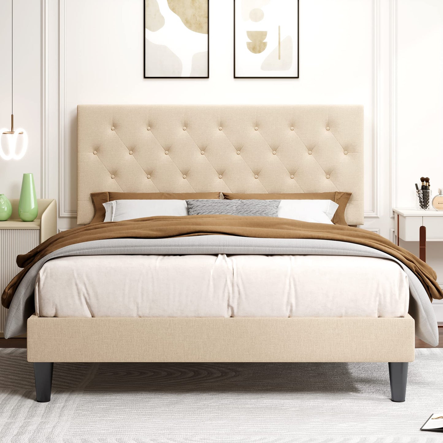 Amolife Bed Frame with Adjustable Headboard/Diamond Stitched Button Tufted/Fabric Upholstered Platform Bed Frame/Wood Slat Support