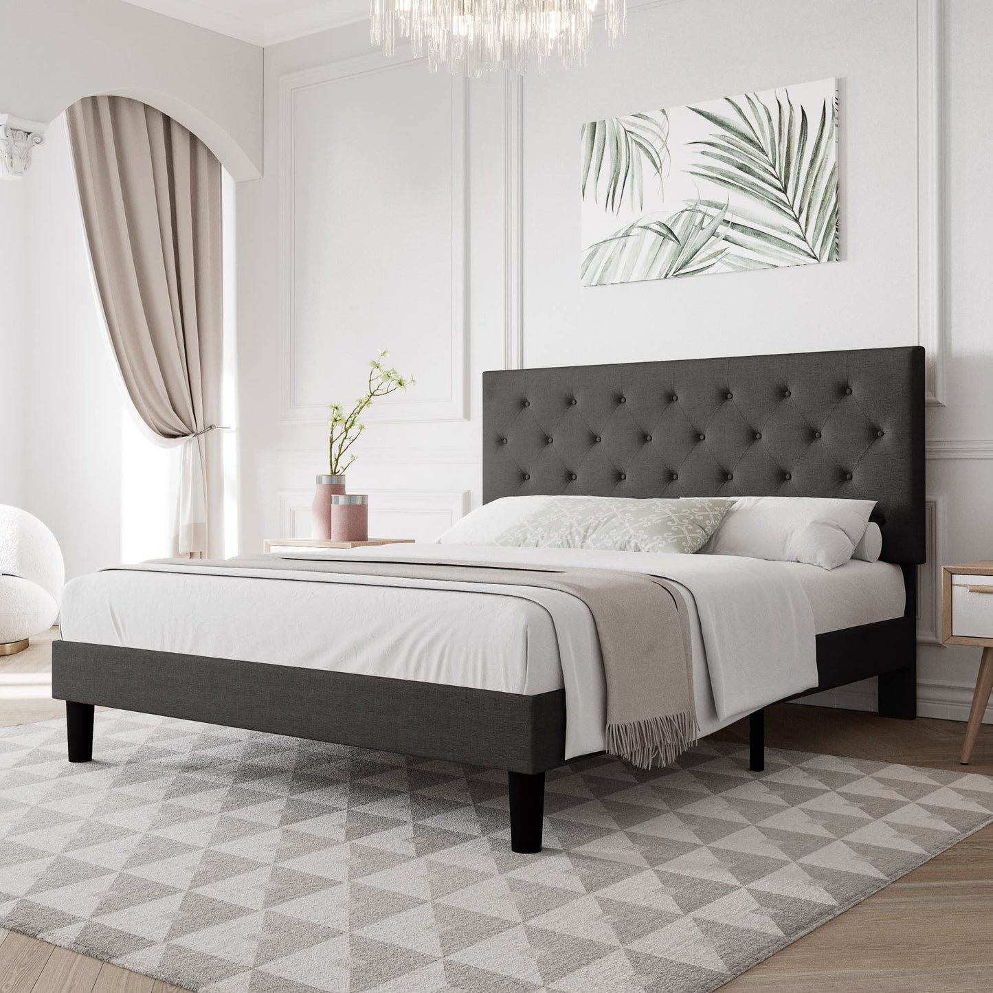 Amolife Bed Frame with Adjustable Headboard/Diamond Stitched Button Tufted/Fabric Upholstered Platform Bed Frame/Wood Slat Support