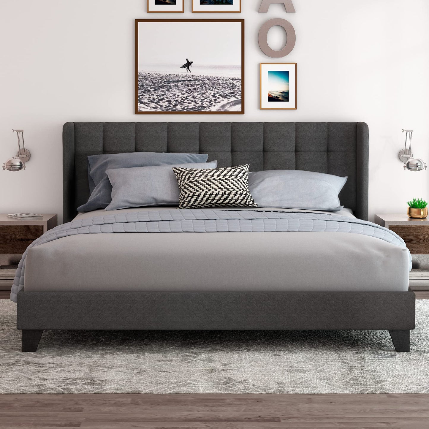 Wingback Upholstered Platform Bed Frame with Square Stitched Headboard,Mattress Foundation