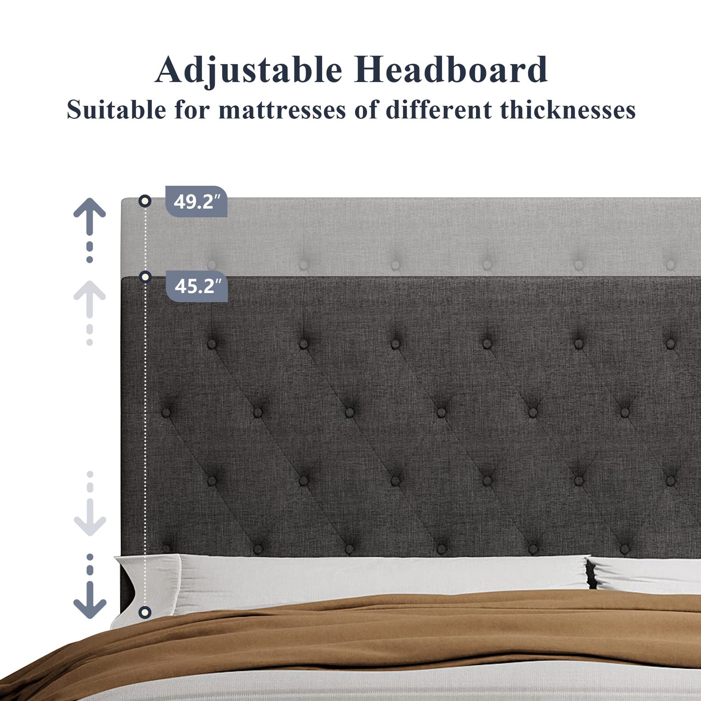 Amolife Bed Frame with Adjustable Headboard/Diamond Stitched Button Tufted/Fabric Upholstered Platform Bed Frame/Wood Slat Support