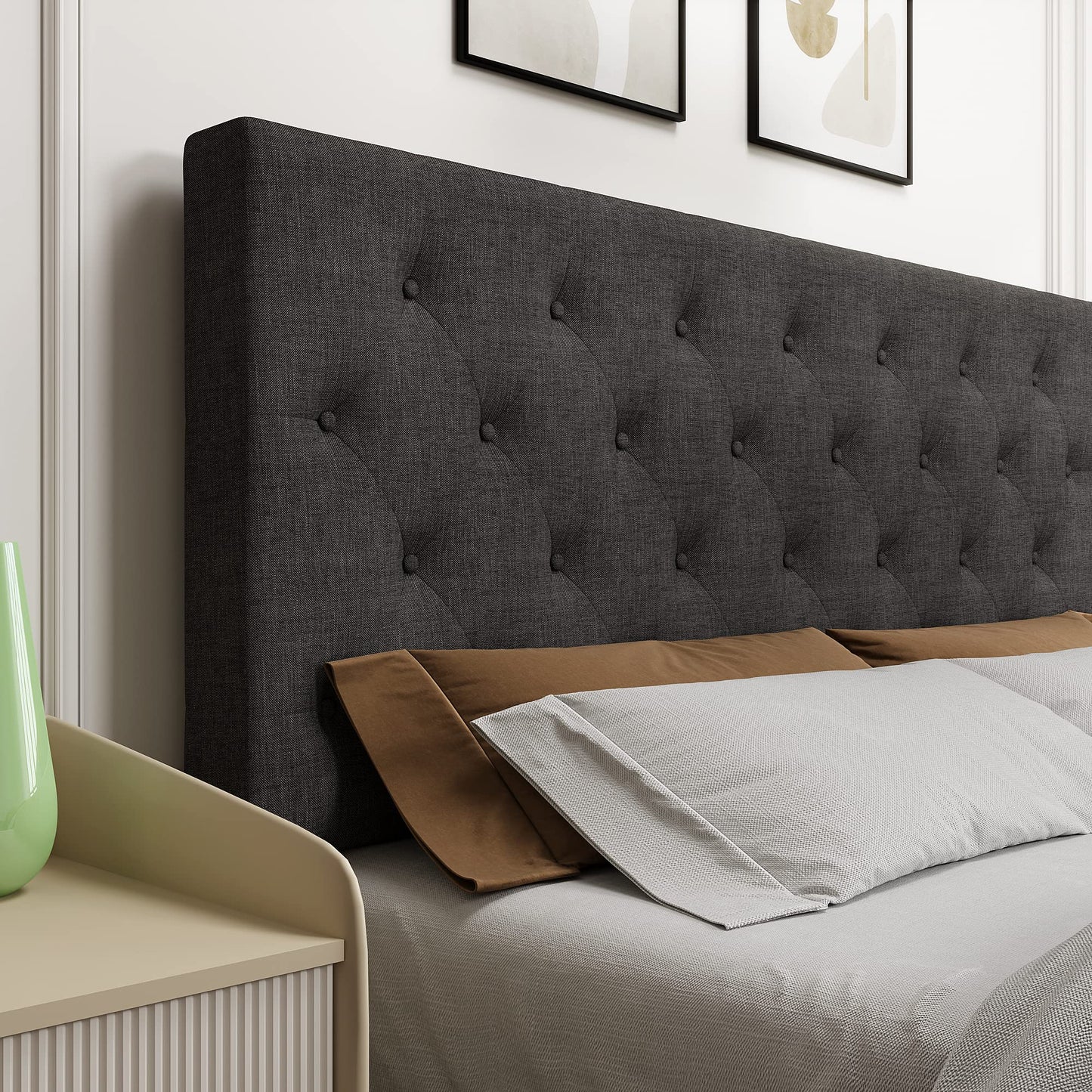 Amolife Bed Frame with Adjustable Headboard/Diamond Stitched Button Tufted/Fabric Upholstered Platform Bed Frame/Wood Slat Support