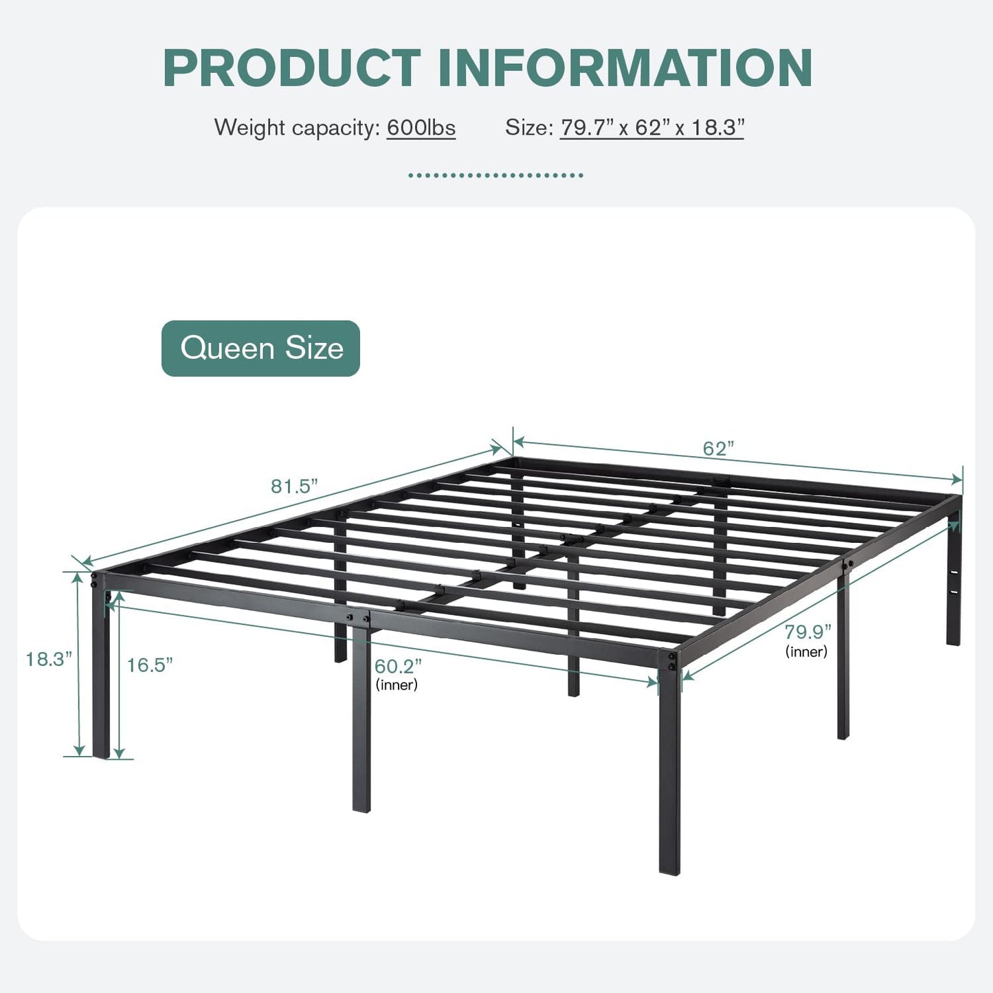 Heavy Duty Platform Bed Frame with 16.5’’ Large Under Bed Storage Space, Sturdy Metal Frame