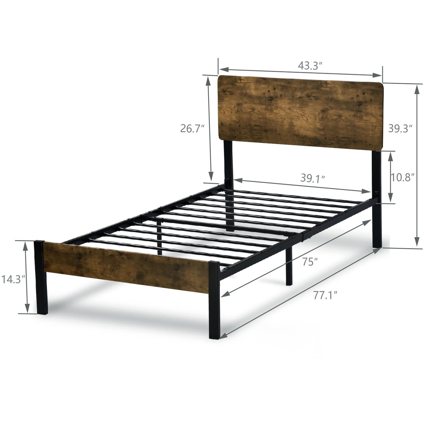 Platform Bed Frame with Wood headboard and Metal Slats/Rustic Country Style Mattress Foundation/Box Spring Optional