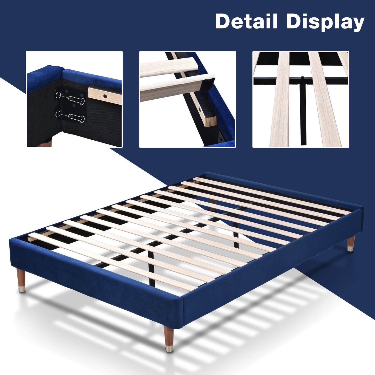 Upholstered Platform Bed Frame, Mattress Foundation with Wood Slat Support