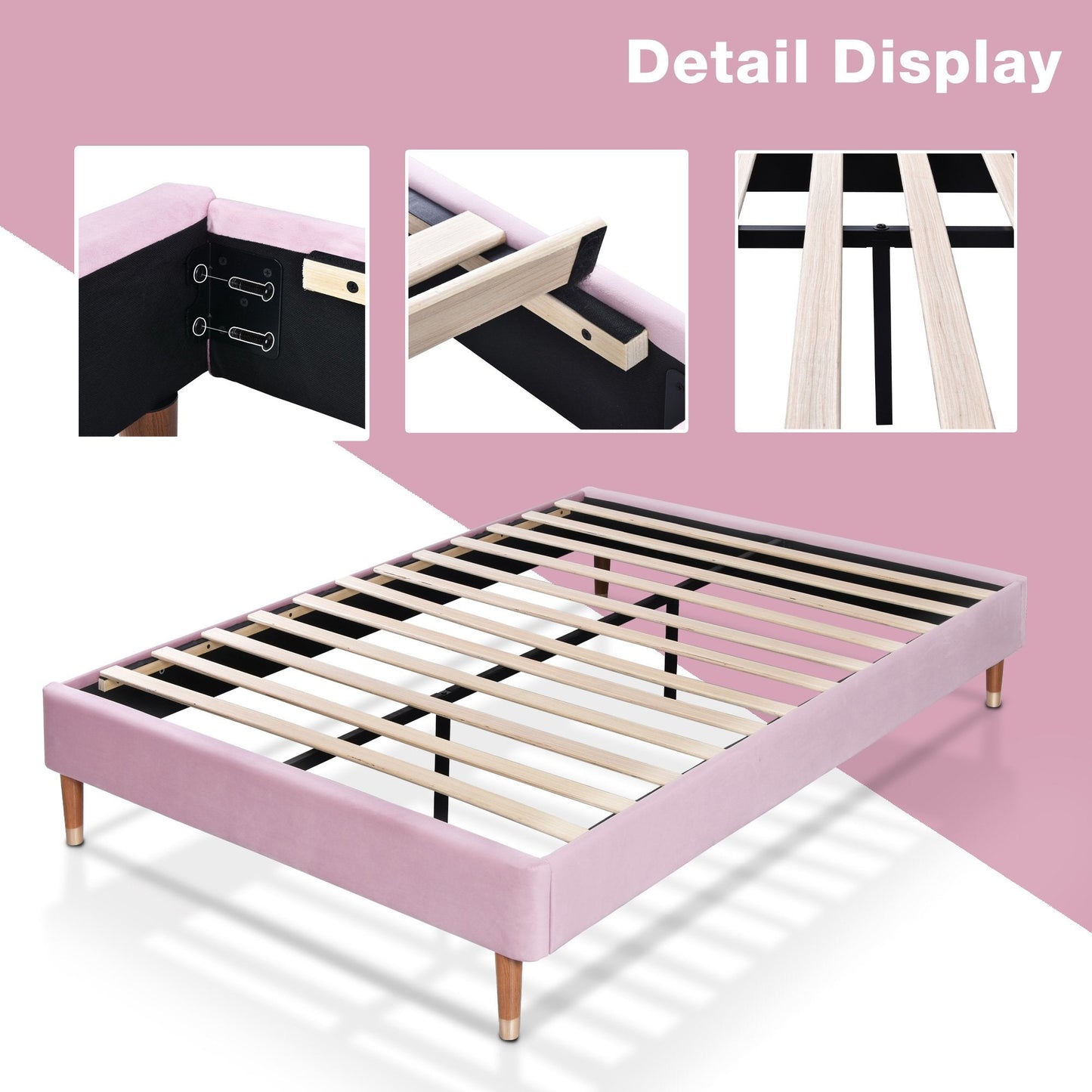 Upholstered Platform Bed Frame, Mattress Foundation with Wood Slat Support