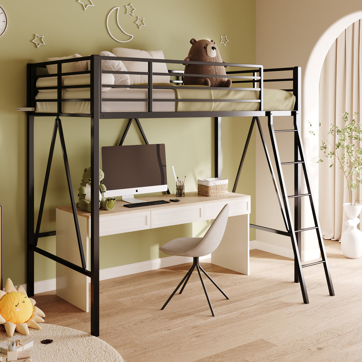 Loft Bed Frame for Juniors&Adults, Metal Loft Bed Twin Size with Safety Guardrail&Removable Ladder, Space-Saving, Noise Free