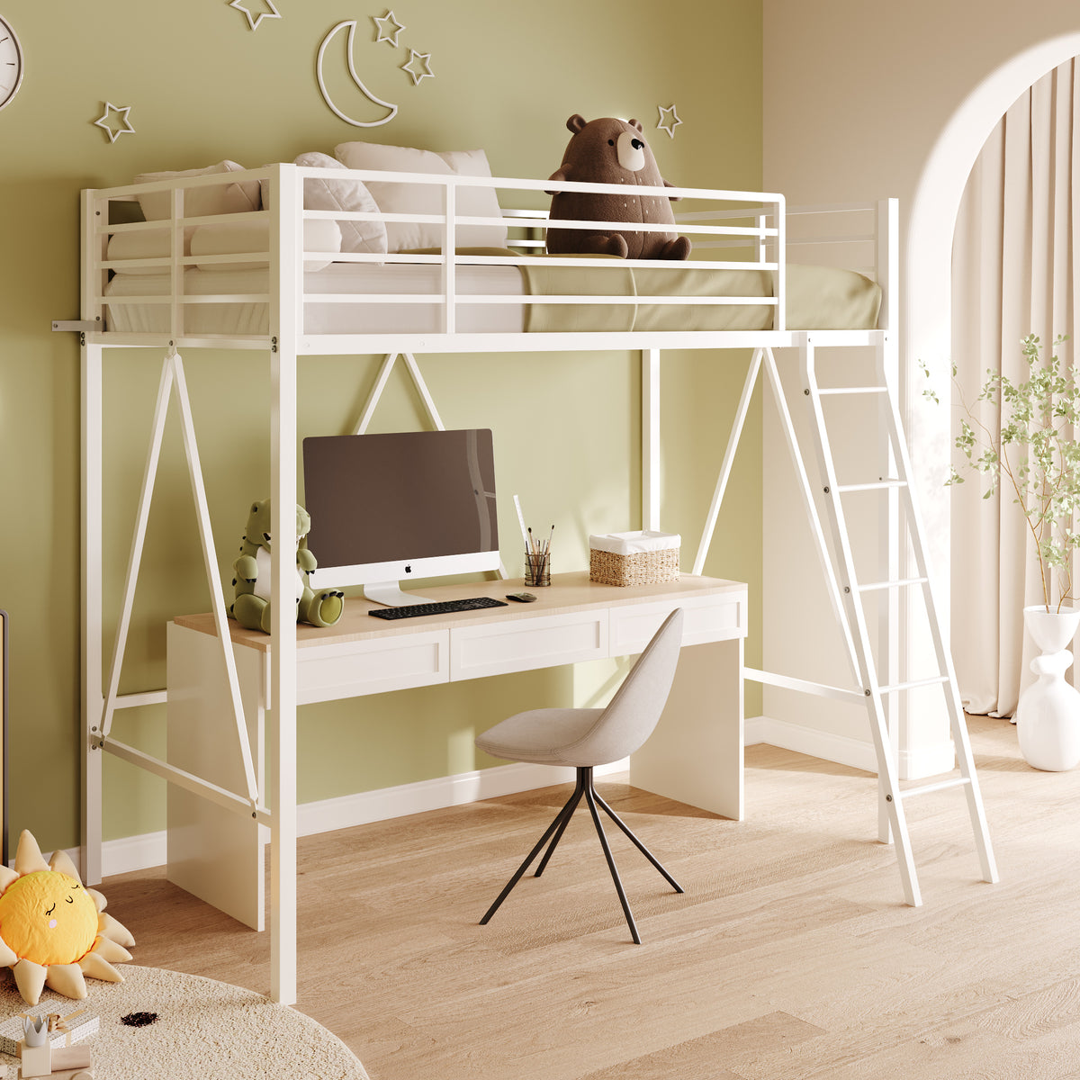 Loft Bed Frame for Juniors&Adults, Metal Loft Bed Twin Size with Safety Guardrail&Removable Ladder, Space-Saving, Noise Free