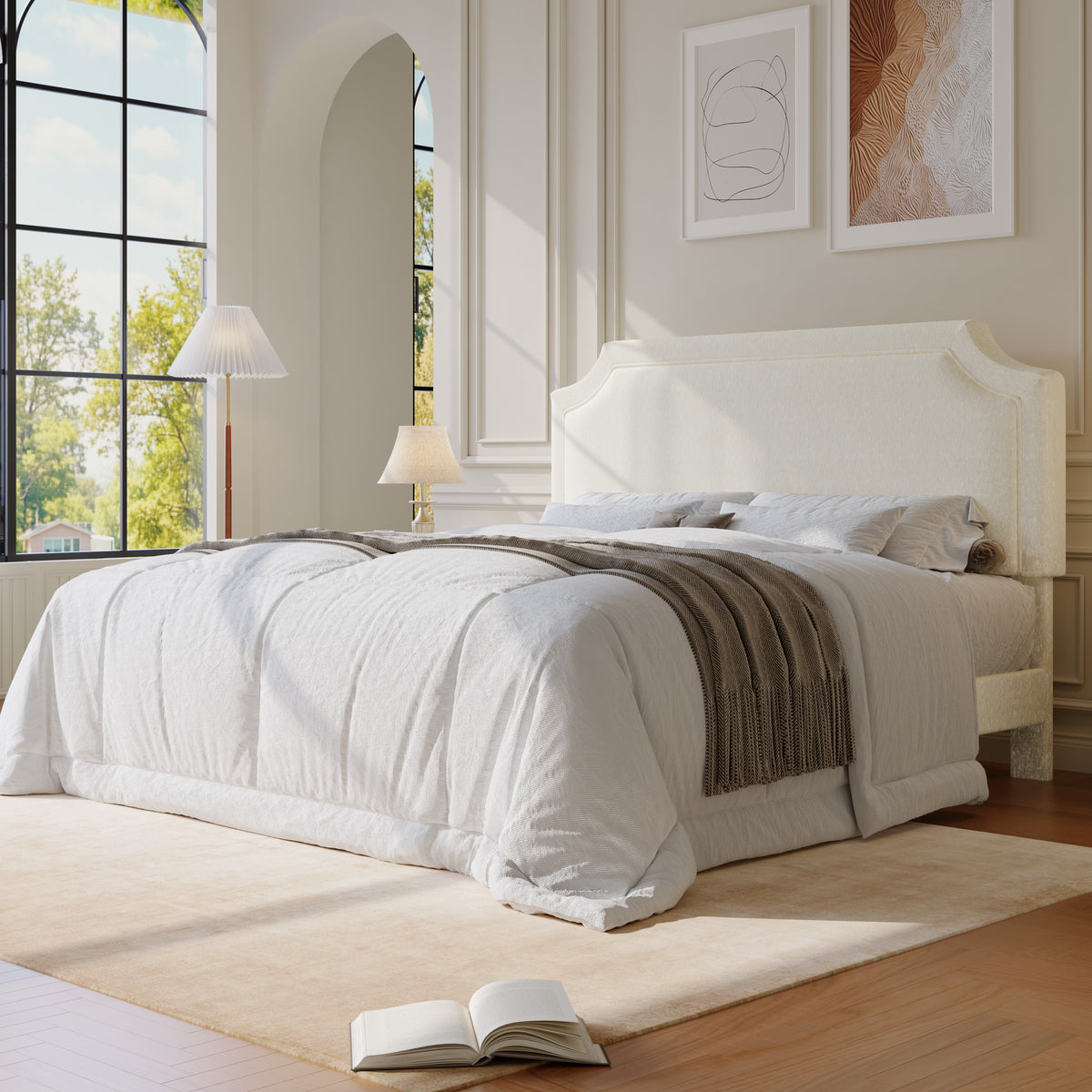 Amolife Bed Frame, Upholstered Platform Bed with Streamlined Adjustable Headboard, No Box Spring Required