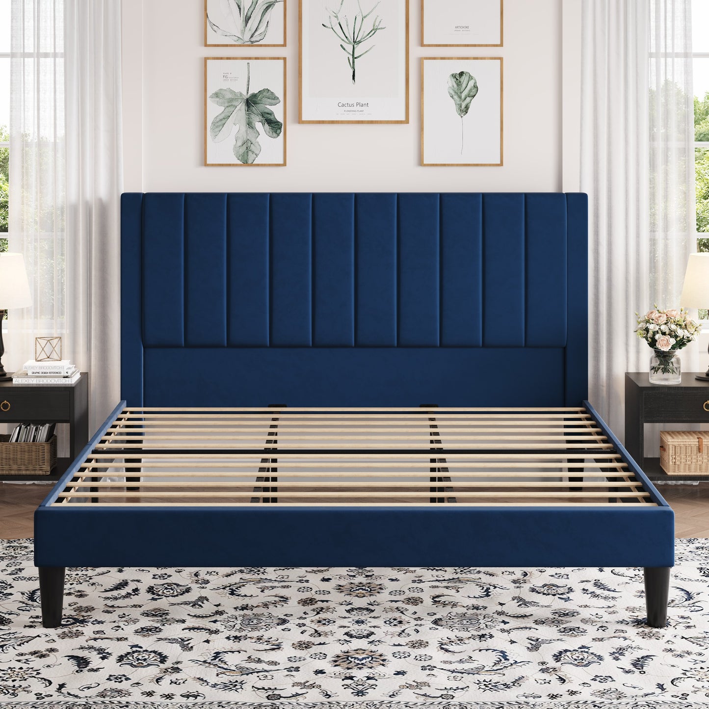 Amolife Bed Frame with Velvet Vertical Stripe Headboard and Extra Panel
