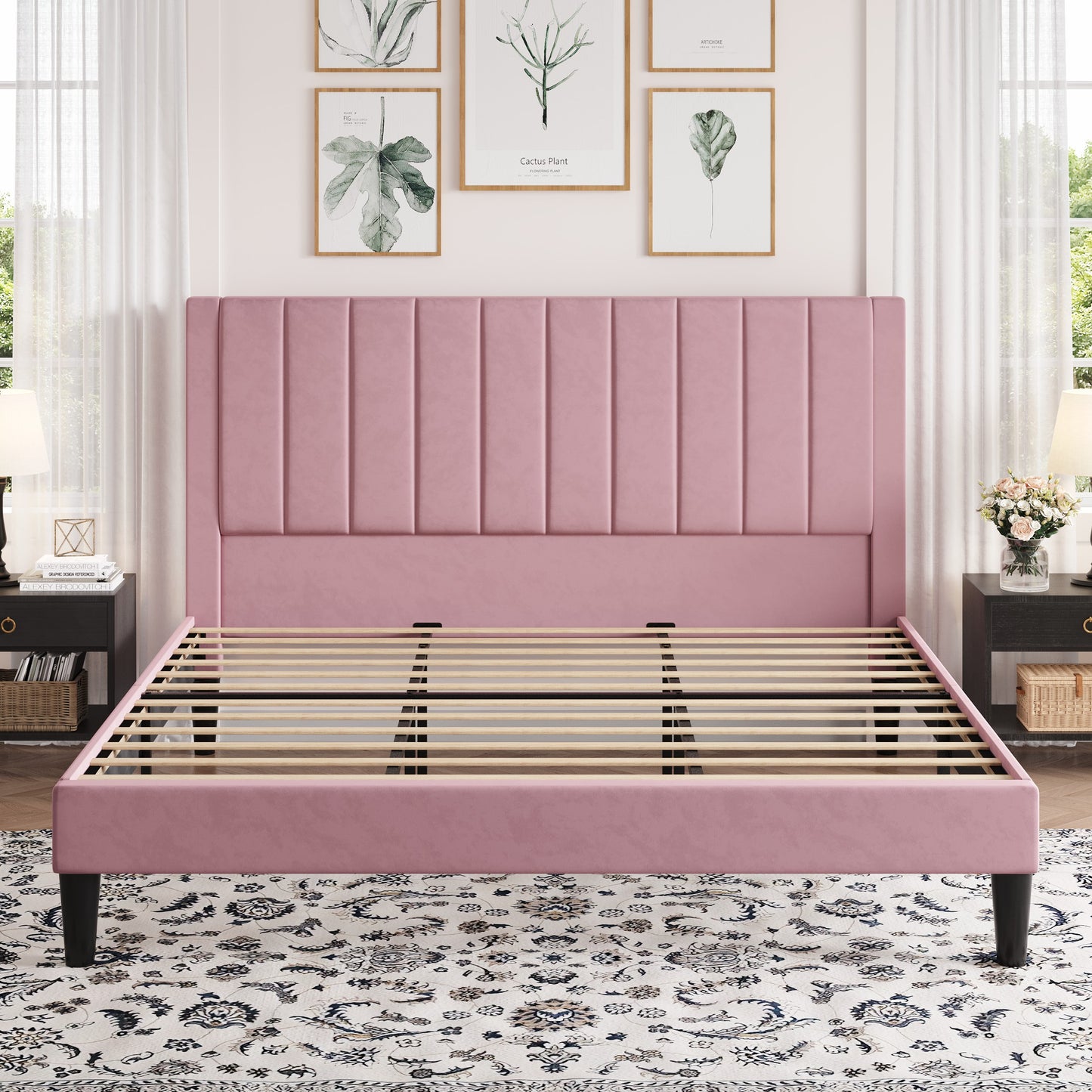 Amolife Bed Frame with Velvet Vertical Stripe Headboard and Extra Panel