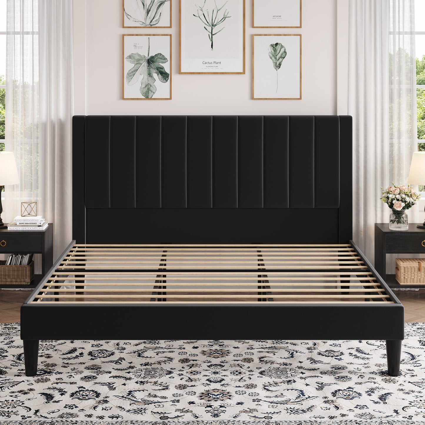 Amolife Bed Frame with Velvet Vertical Stripe Headboard and Extra Panel