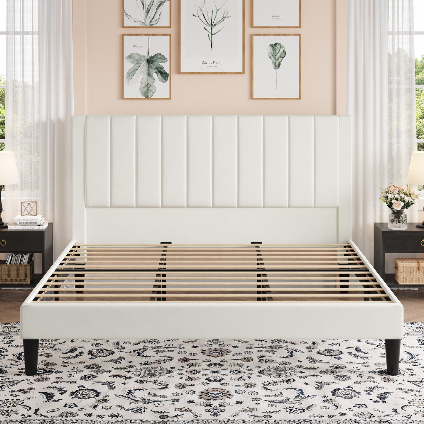 Amolife Bed Frame with Velvet Vertical Stripe Headboard and Extra Panel