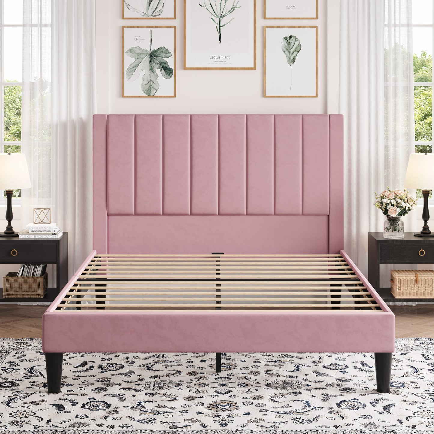 Amolife Bed Frame with Velvet Vertical Stripe Headboard and Extra Panel