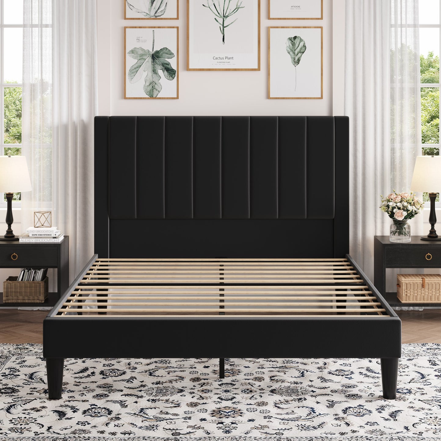 Amolife Bed Frame with Velvet Vertical Stripe Headboard and Extra Panel