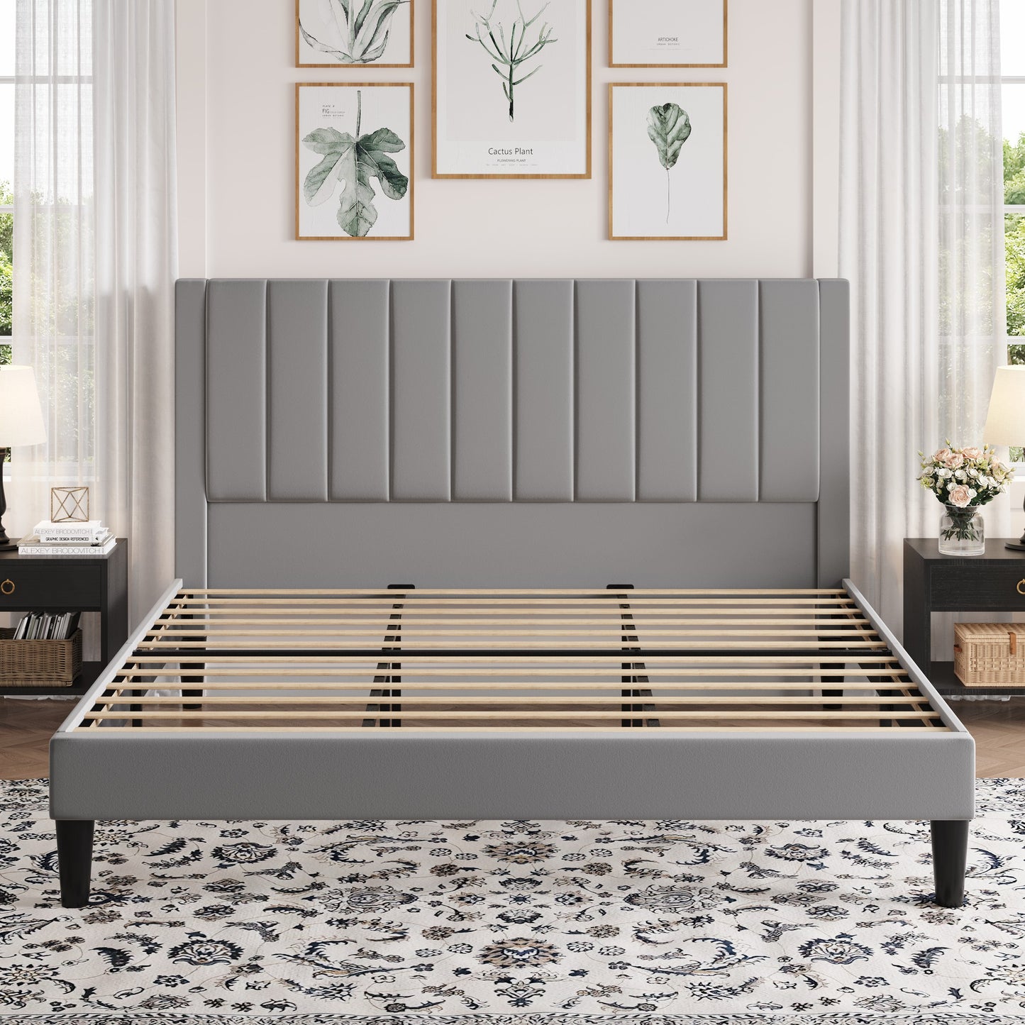 Amolife Bed Frame with Velvet Vertical Stripe Headboard and Extra Panel