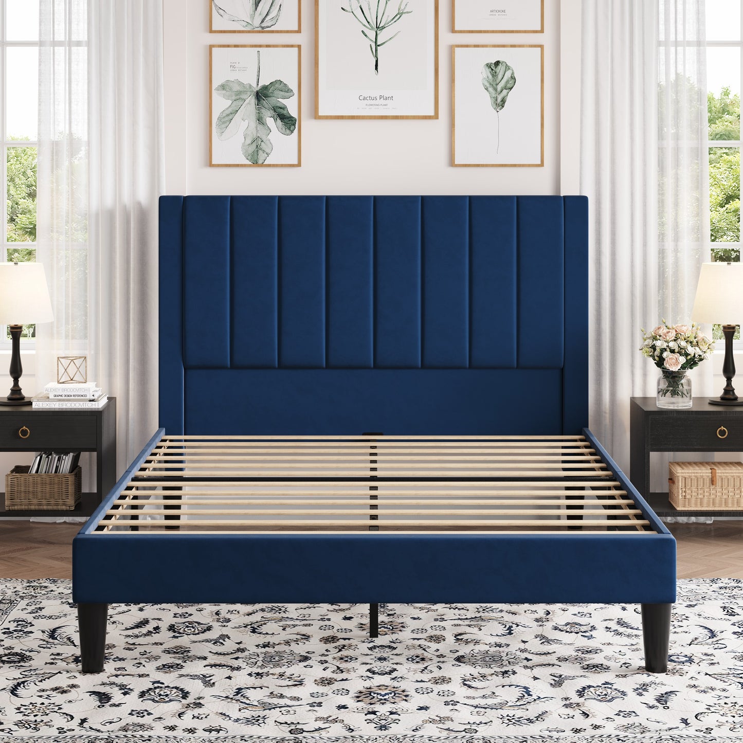 Amolife Bed Frame with Velvet Vertical Stripe Headboard and Extra Panel