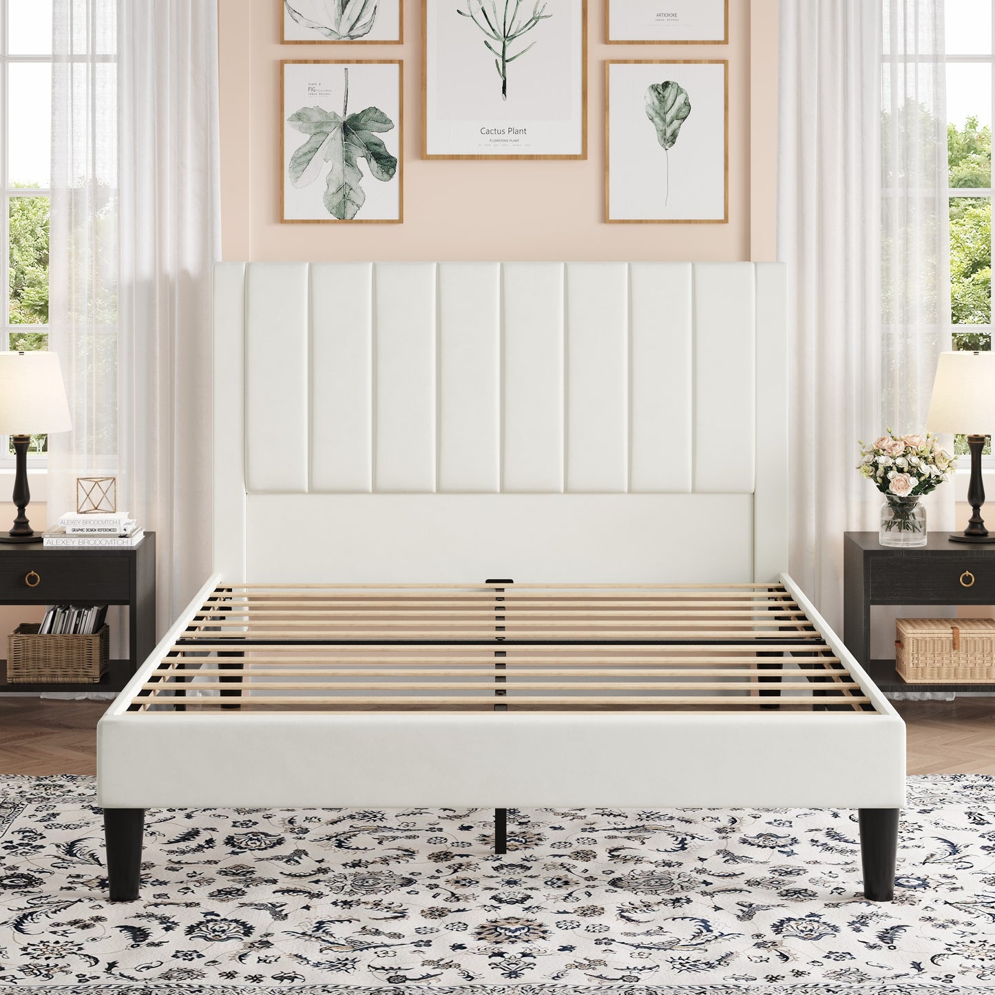 Amolife Bed Frame with Velvet Vertical Stripe Headboard and Extra Panel