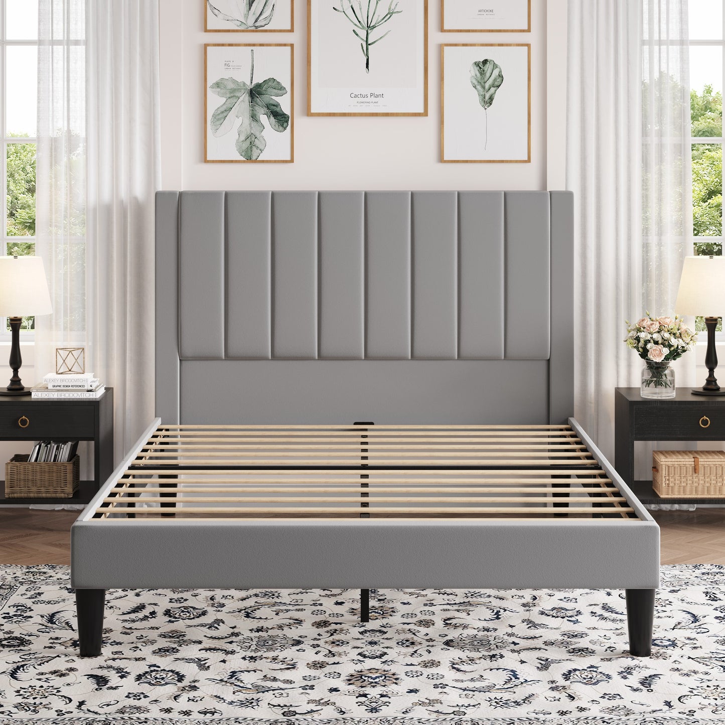 Amolife Bed Frame with Velvet Vertical Stripe Headboard and Extra Panel
